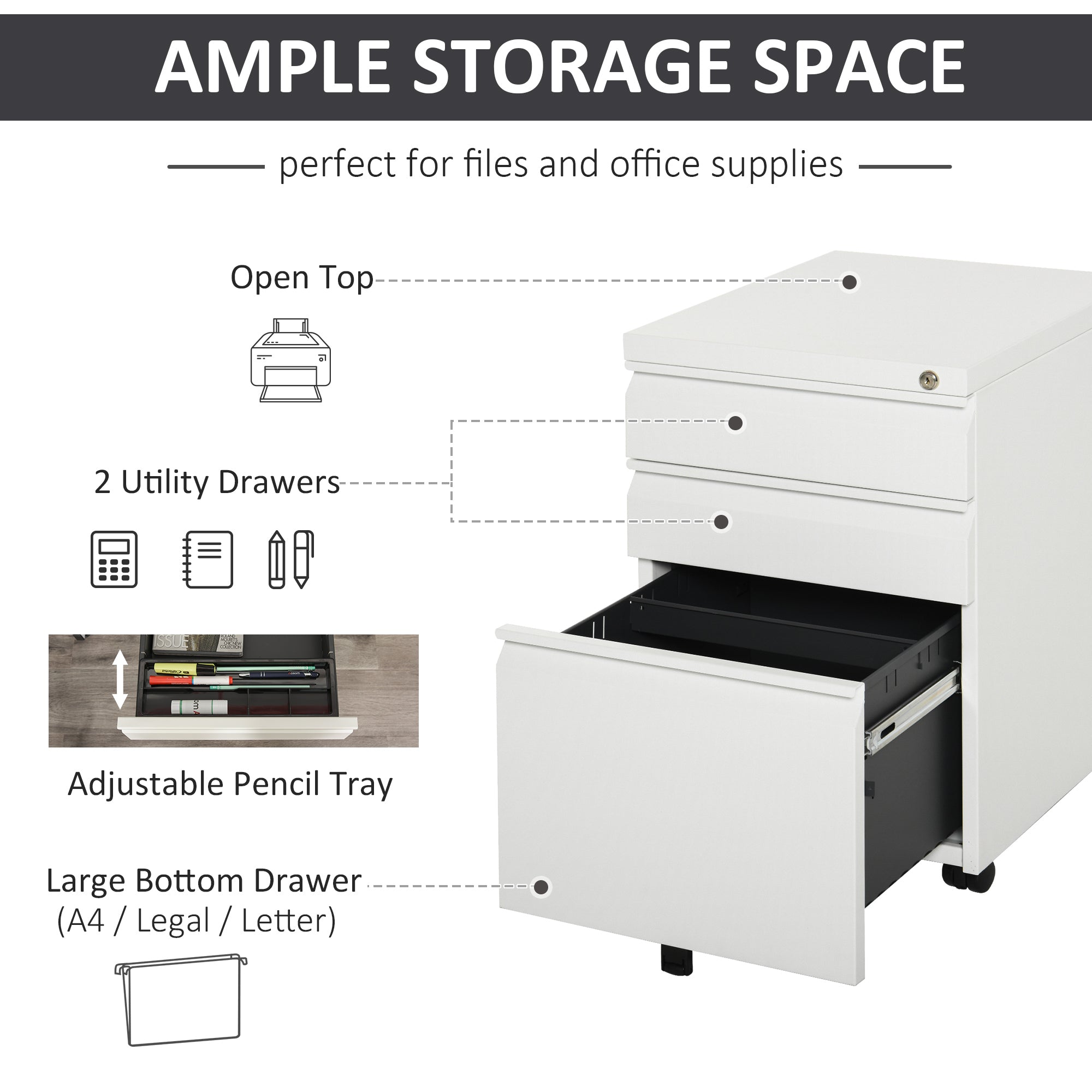 3-Drawer Mobile Vertical File Cabinet, Lockable Mobile Vertical File Cabinet, Under Desk Rolling Storage Cabinet, White