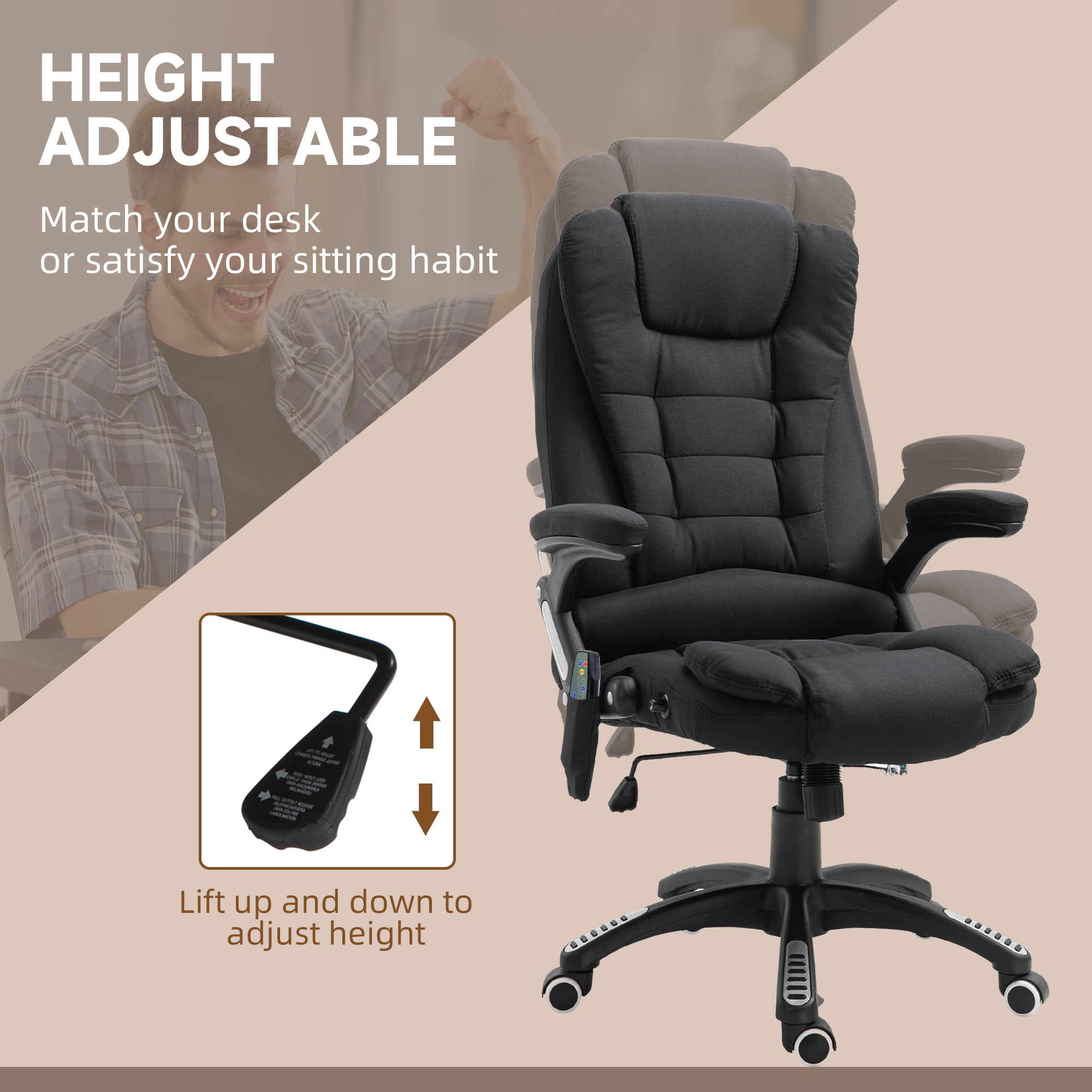 Massage Recliner Chair Heated Office Chair with Six Massage Points Linen-Feel Fabric 360° Swivel Wheels Black