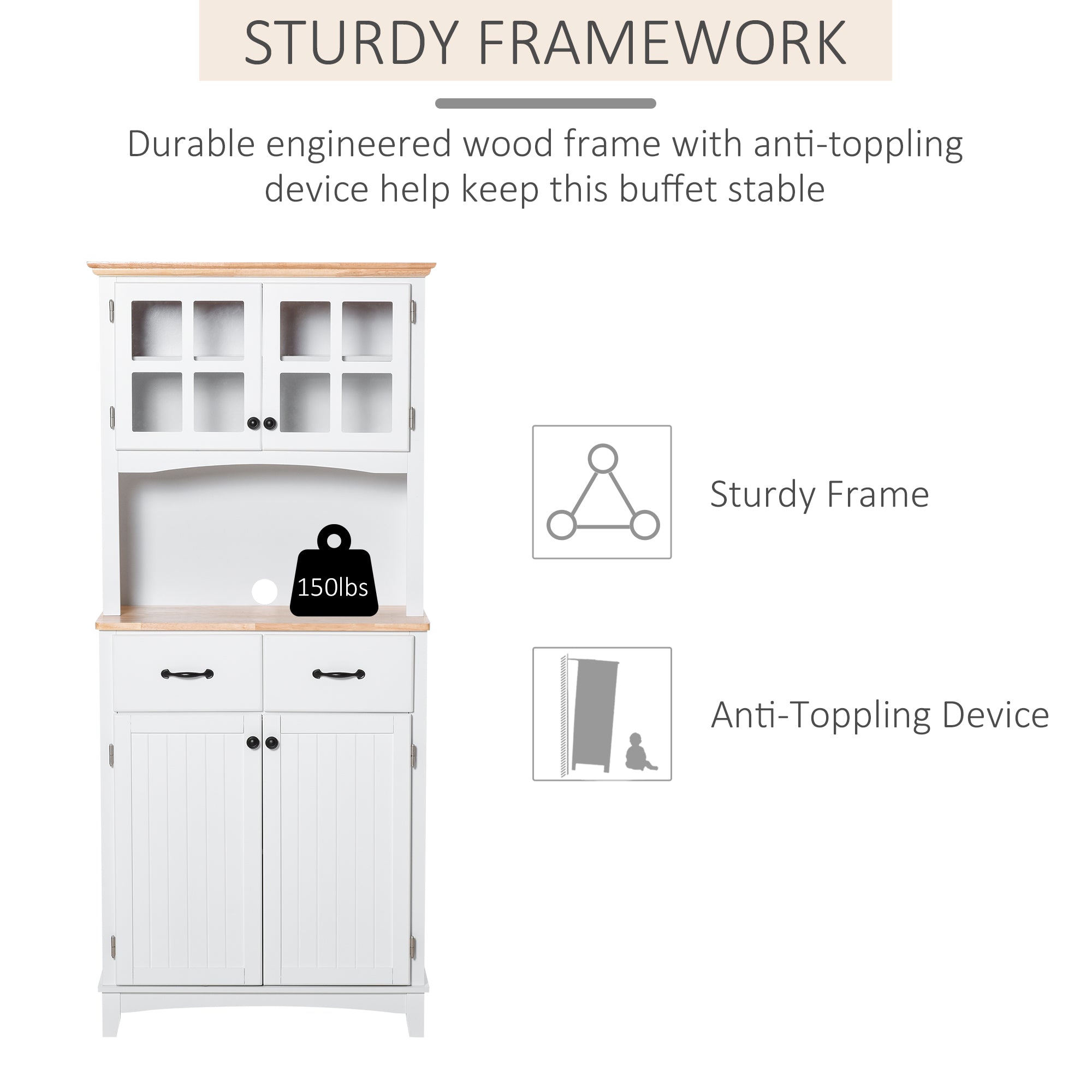 Freestanding Kitchen Cupboard, Kitchen Storage Cabinet with Framed Glass Doors, 2 Drawers, Microwave Counter, White