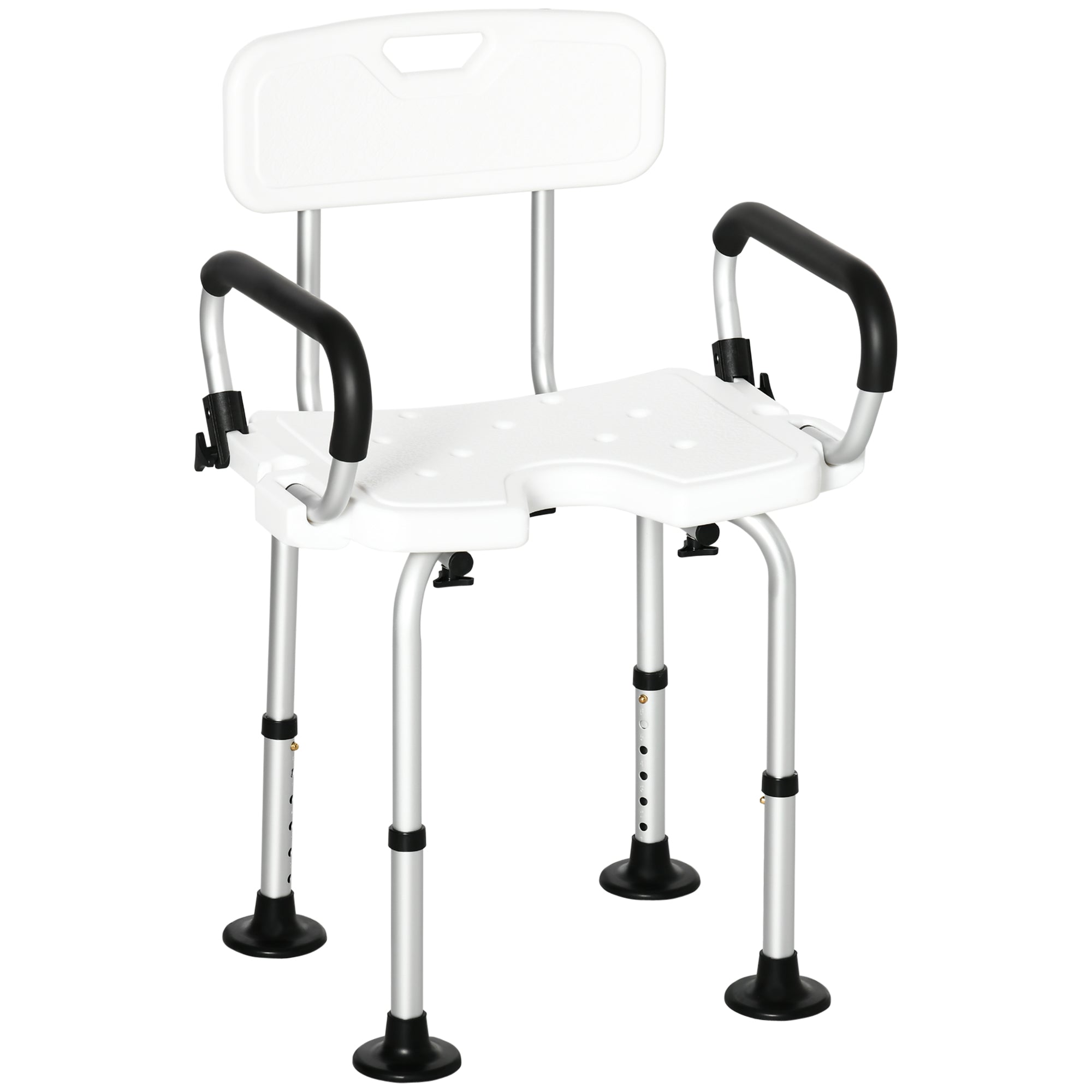 Shower Chair for the Elderly and Disabled, Height Adjustable Shower Stool with Back and Flipped Padded Arms, Suction Foot Pads, White