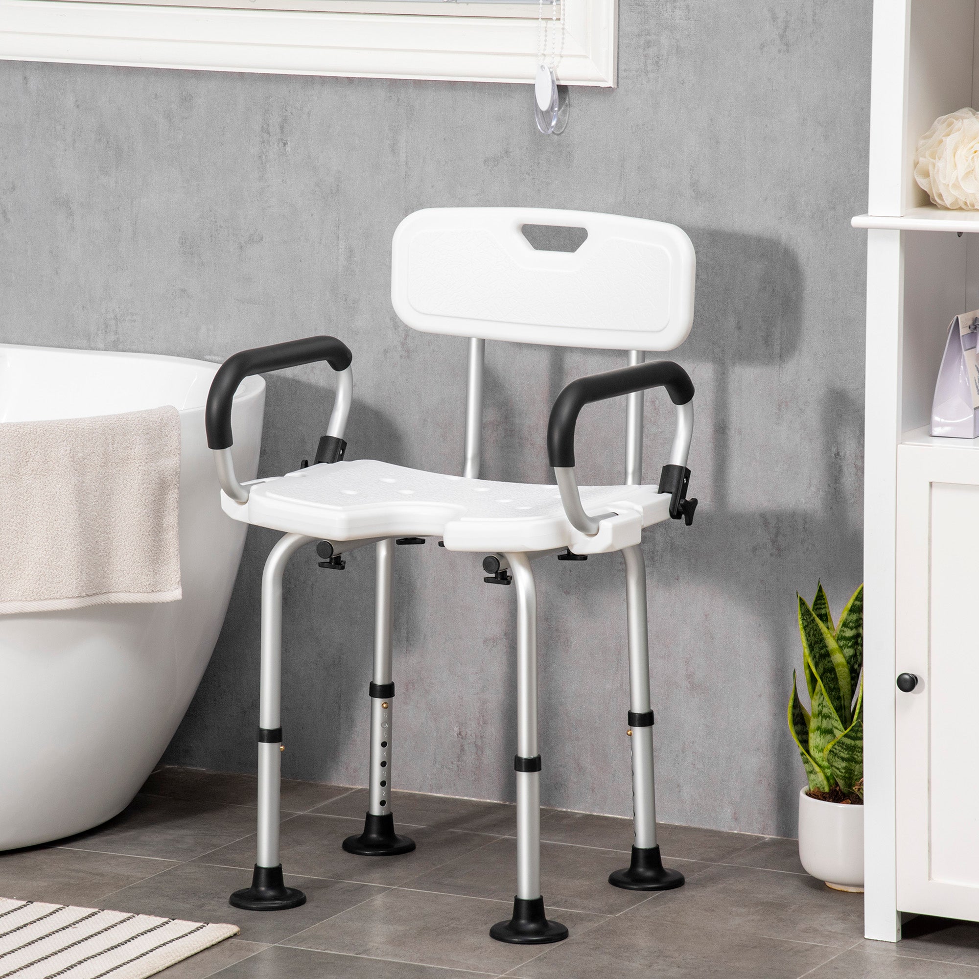 Shower Chair for the Elderly and Disabled, Height Adjustable Shower Stool with Back and Flipped Padded Arms, Suction Foot Pads, White