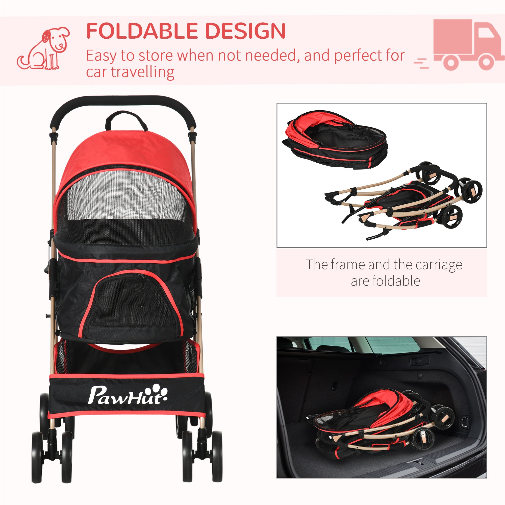 Detachable Pet Stroller with Rain Cover, 3 In 1 Cat Dog Pushchair, Foldable Carrying Bag w/ Universal Wheels, Brake, Canopy, Basket