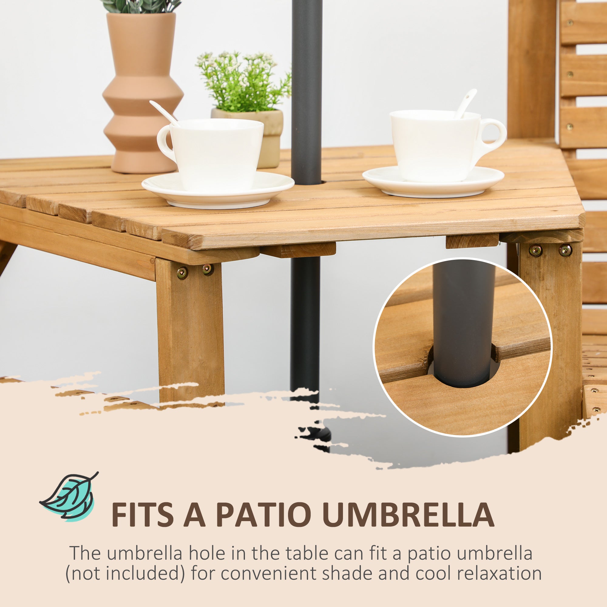 Wooden Garden Love Seat, 2 Seater Jack & Jill Companion Seat with Coffee Table and Parasol Hole, Partner Bench, Partner Bench, Brown