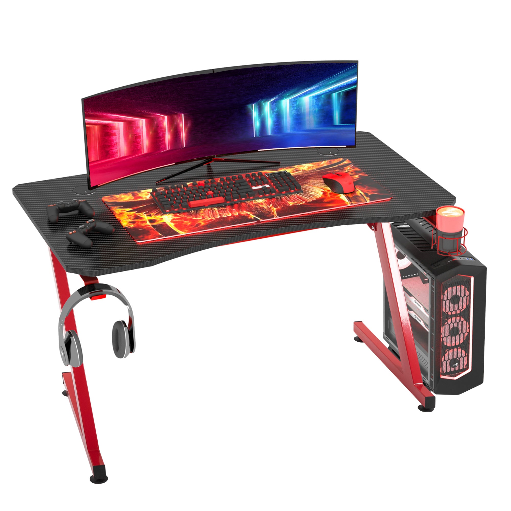 Gaming Desk Steel Frame w/ Cup Headphone Holder Adjustable Feet Cable Organiser Home Office Computer Table Red