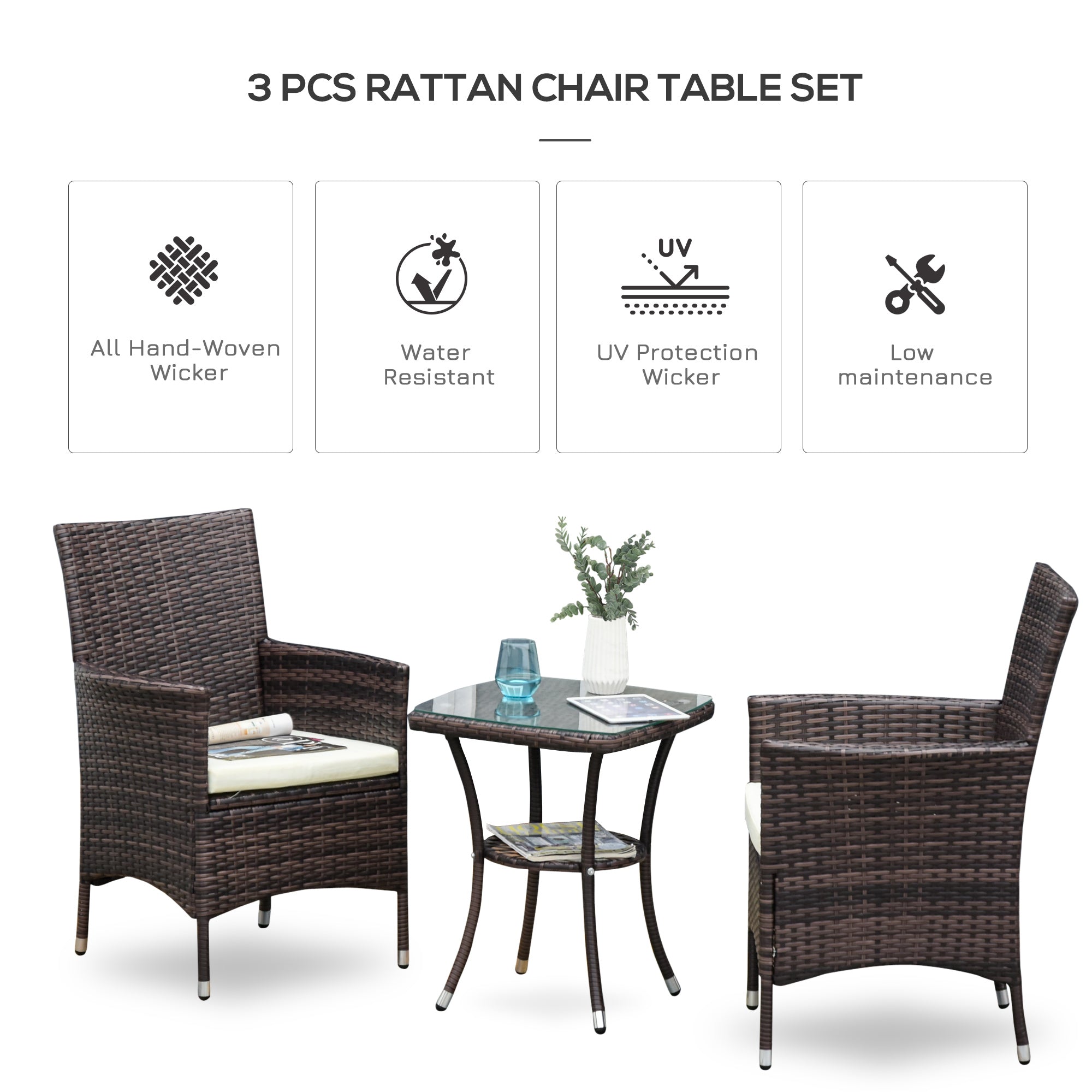 Garden Outdoor Rattan Furniture Bistro Set 3 PCs Patio Weave Companion Chair Table Set Conservatory (Brown)