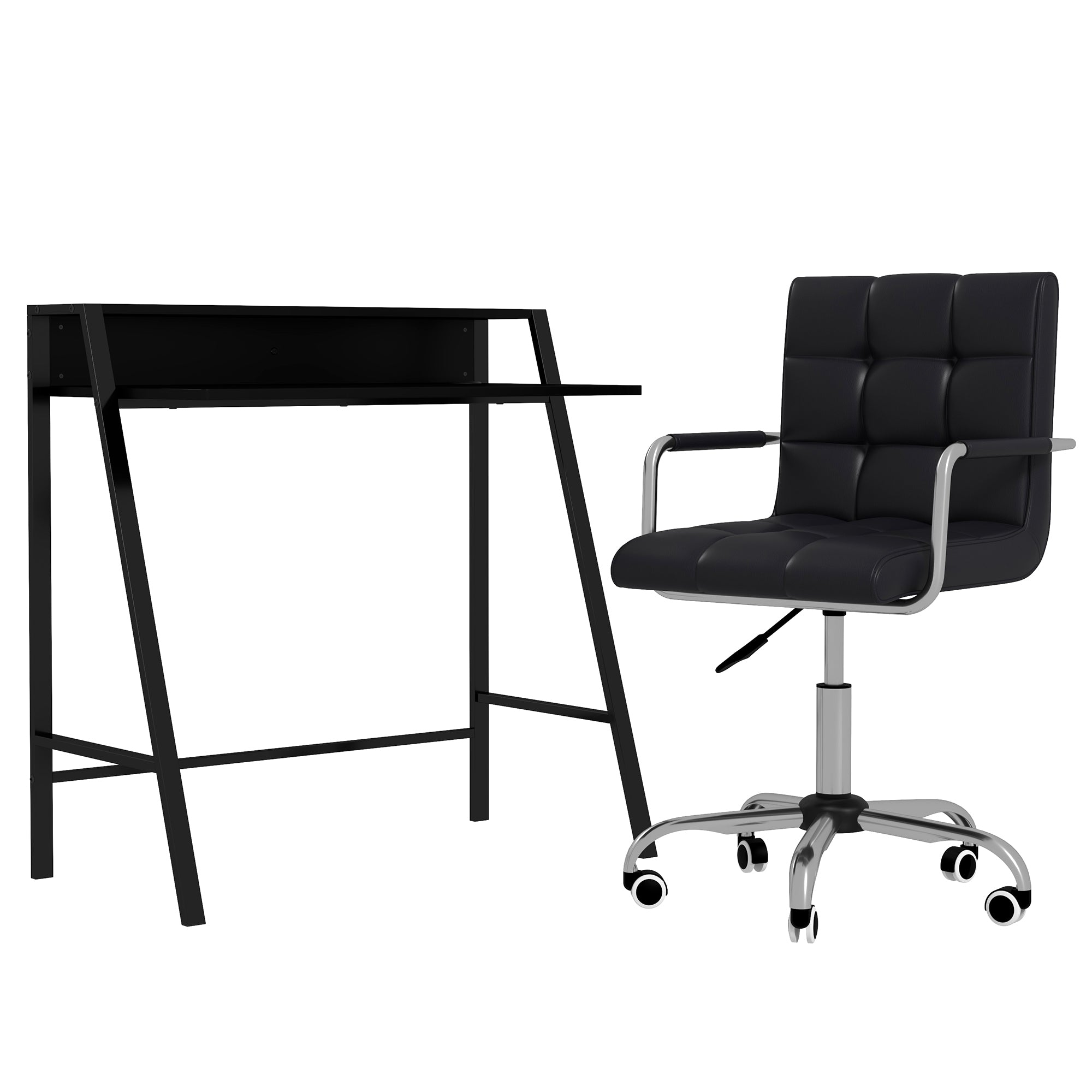 Home Office Chair and Computer Desk Set, Faux Leather Desk Chair with Swivel Wheels, Study Desk with Storage Shelf, Black