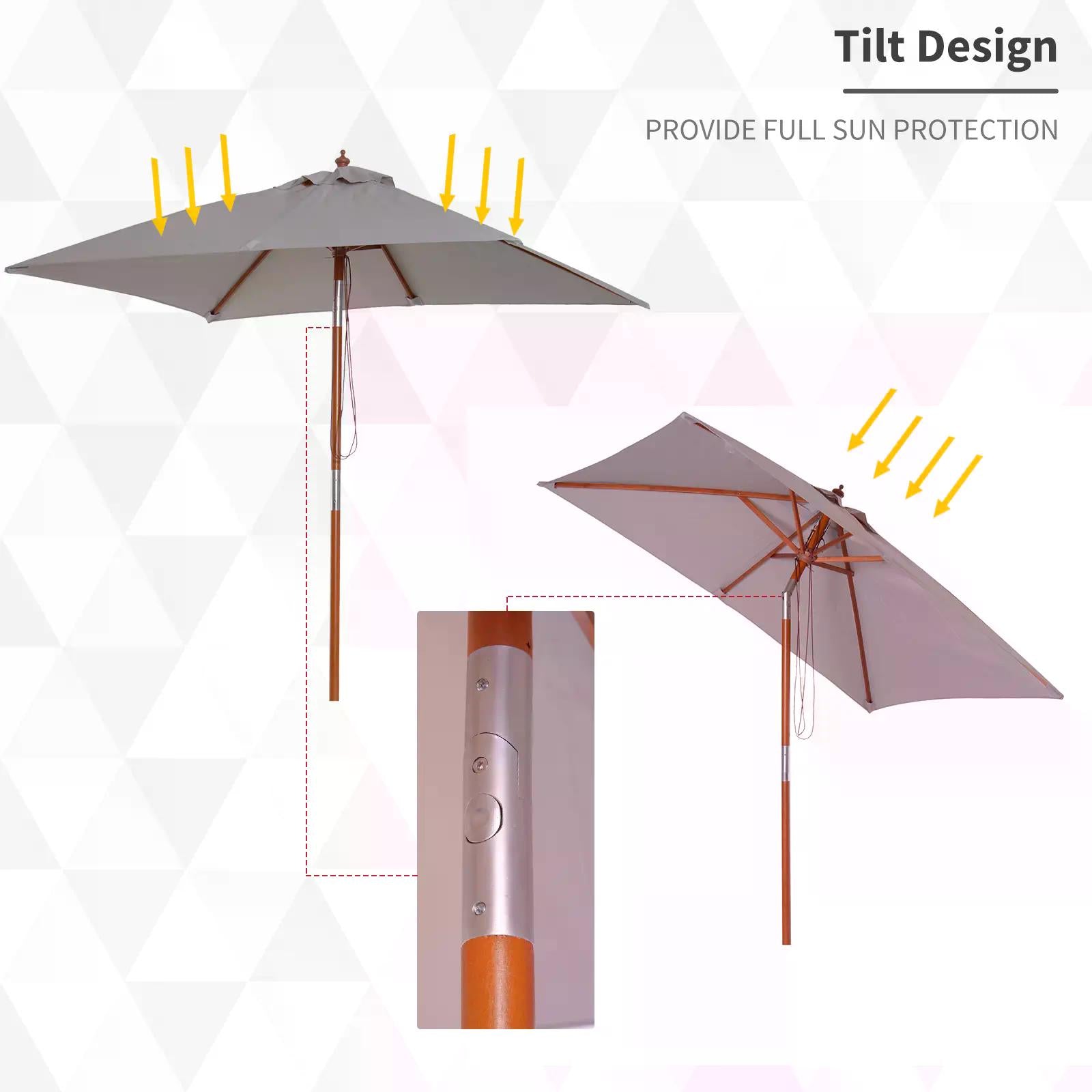 2m x 1.5m Patio Garden Parasol Sun Umbrella Sunshade Canopy Outdoor Backyard Furniture Fir Wooden Pole 6 Ribs Tilt Mechanism - Grey