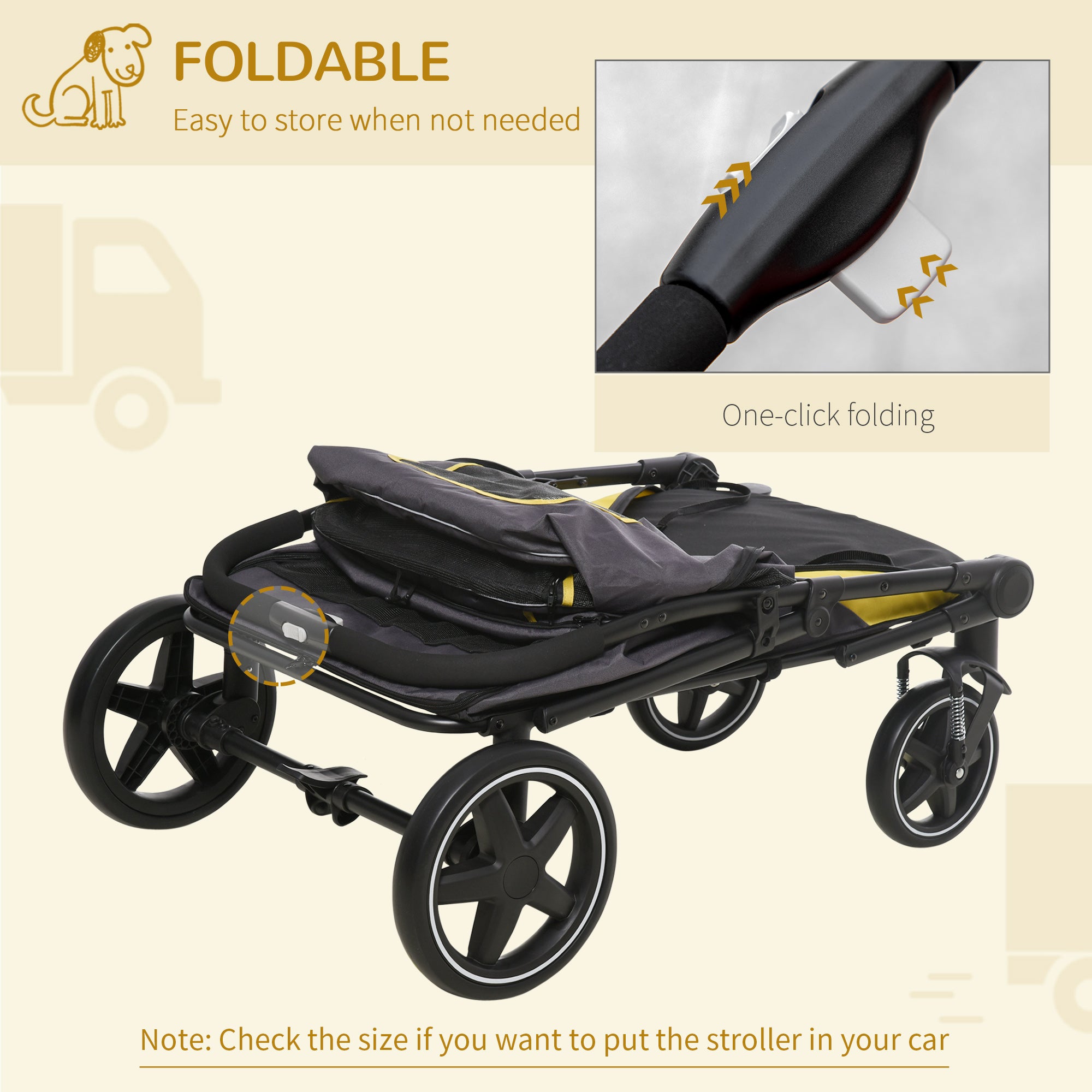 One-Click Foldable Pet Travel Stroller with Rain Cover, Cat Dog Pushchair with Front Wheels, Shock Absorber, Storage Bags, Mesh