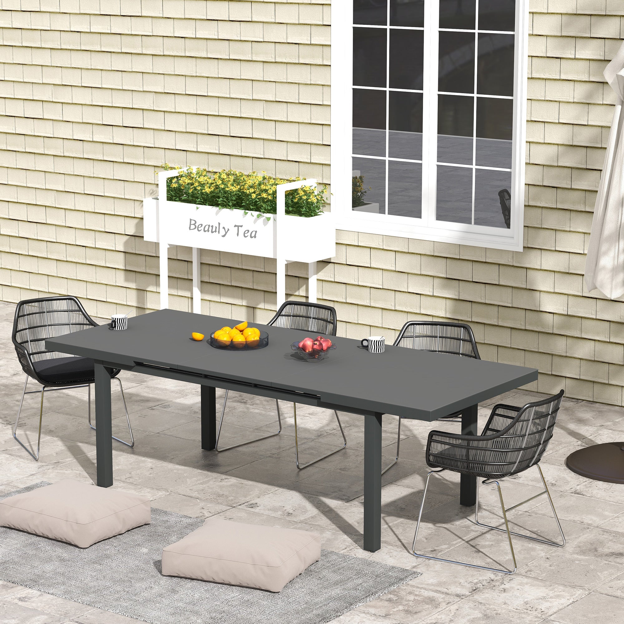 Aluminium Garden Table for 6-8, Extending Outdoor Dining Table Rectangle for Lawn Balcony - Charcoal Grey