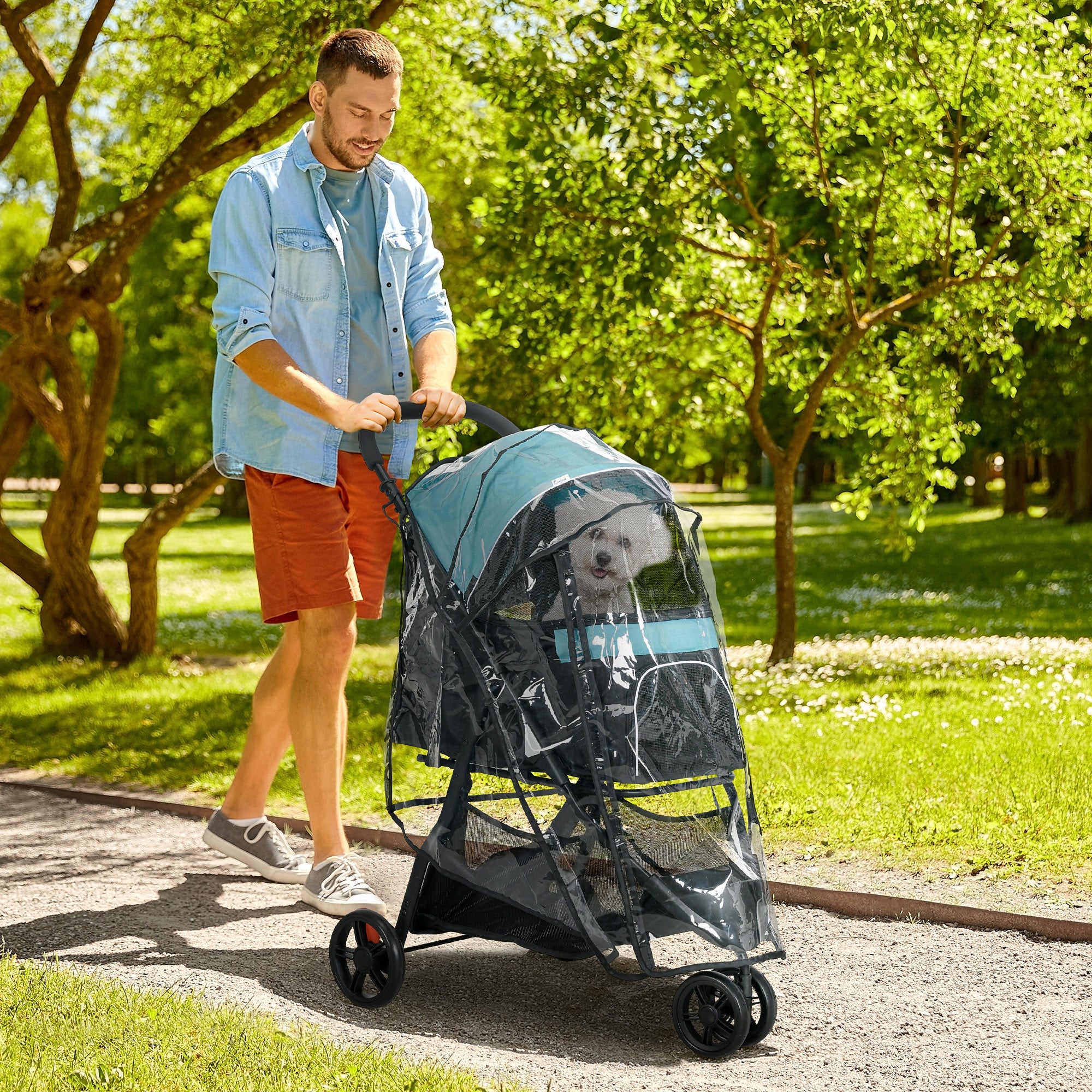 Foldable Pet Stroller with Rain Cover for XS and S-Sized Dogs Dark Green