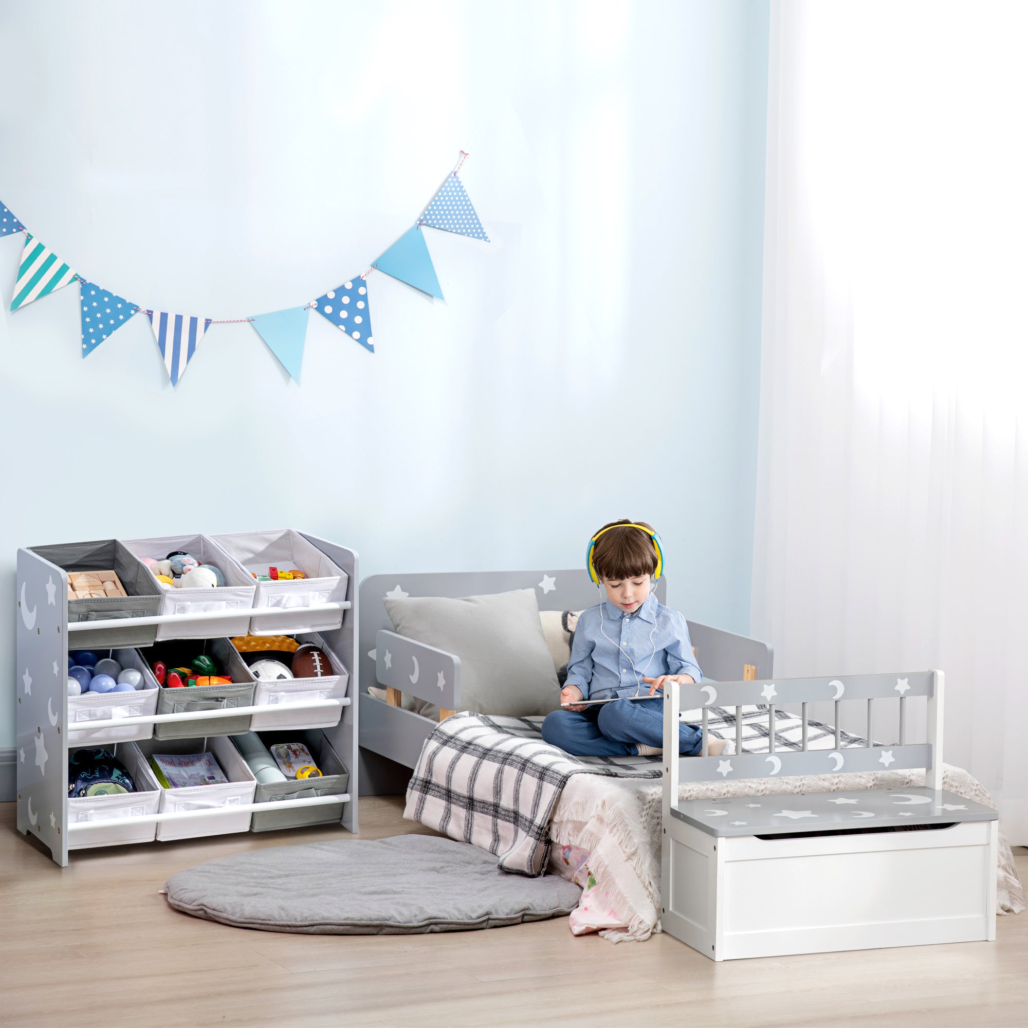 Kids Storage Unit with 9 Removable Storage Baskets, Toy Box Organiser with Shelf, Book Shelf for Nursery Playroom, Grey