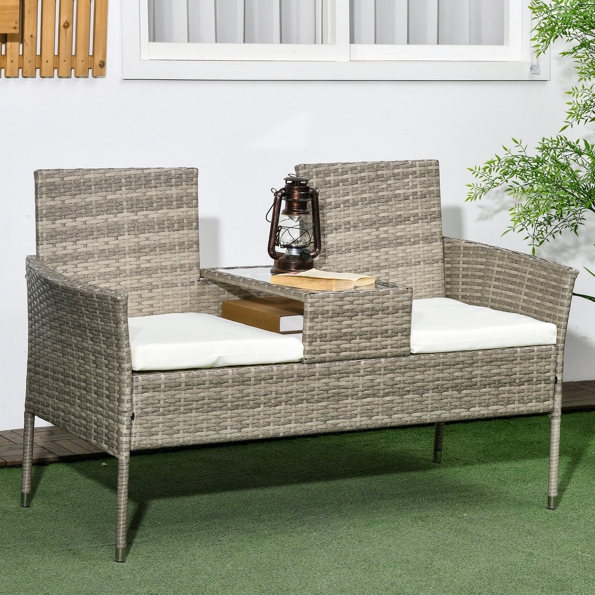 2 Piece Rattan Garden Loveseat Set with Glass Table - Grey