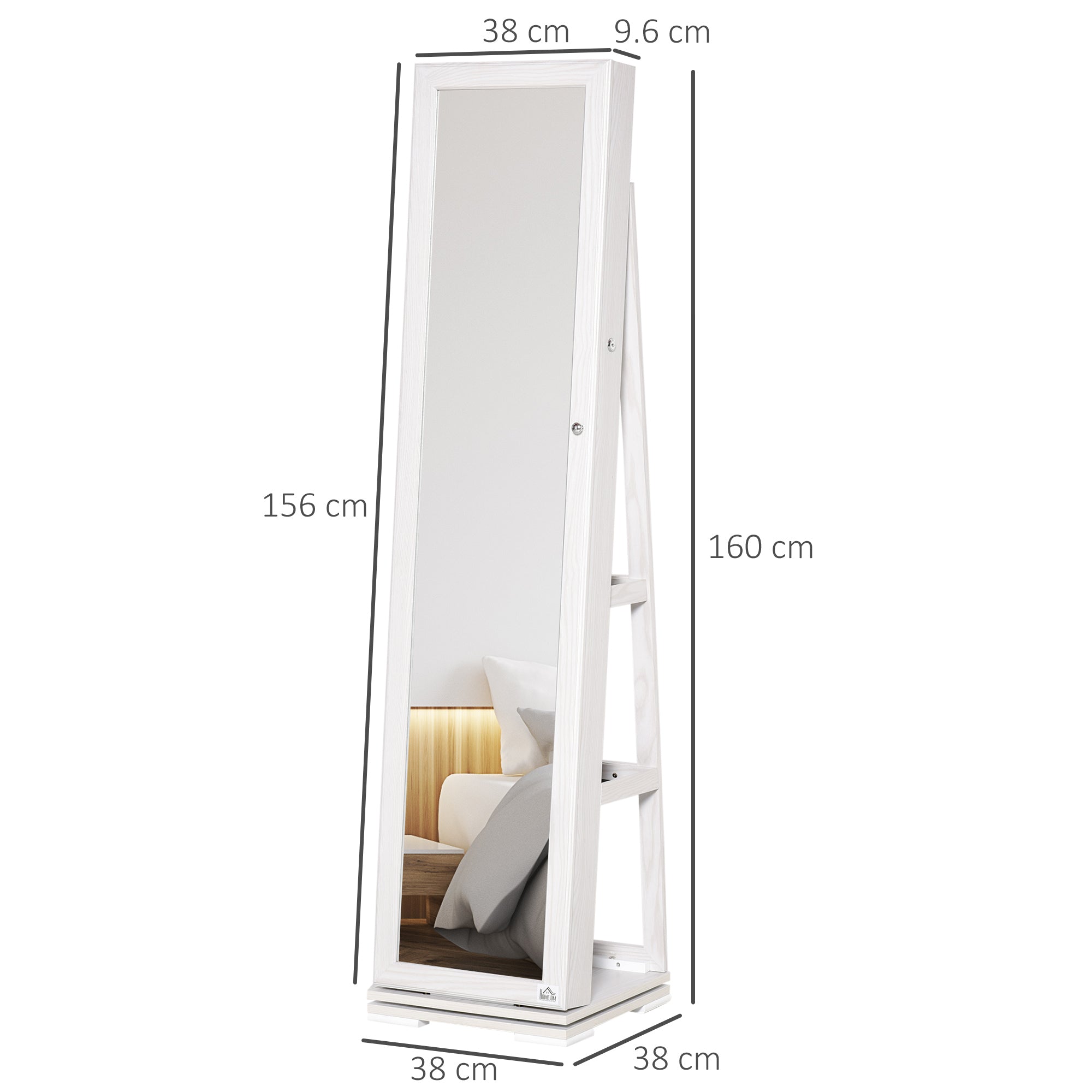 360° Swivel Jewellery Cabinet, Mirror Armoire, Full Length Mirror, Lockable Jewellery Organizer with Built-In Small Mirror, White