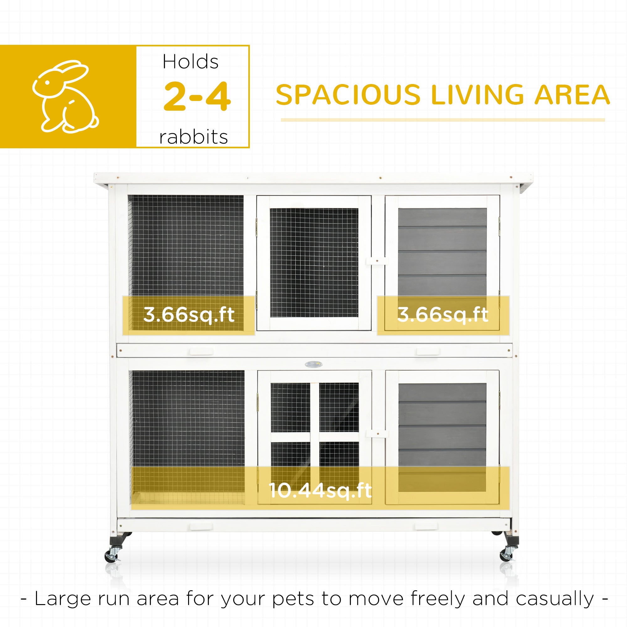 Wooden Rabbit Hutch with Wheels, Guinea Pig Cage, Small Animal House for Outdoor & Indoor with Slide-out Trays, 119 x 50.5 x 109cm, Grey