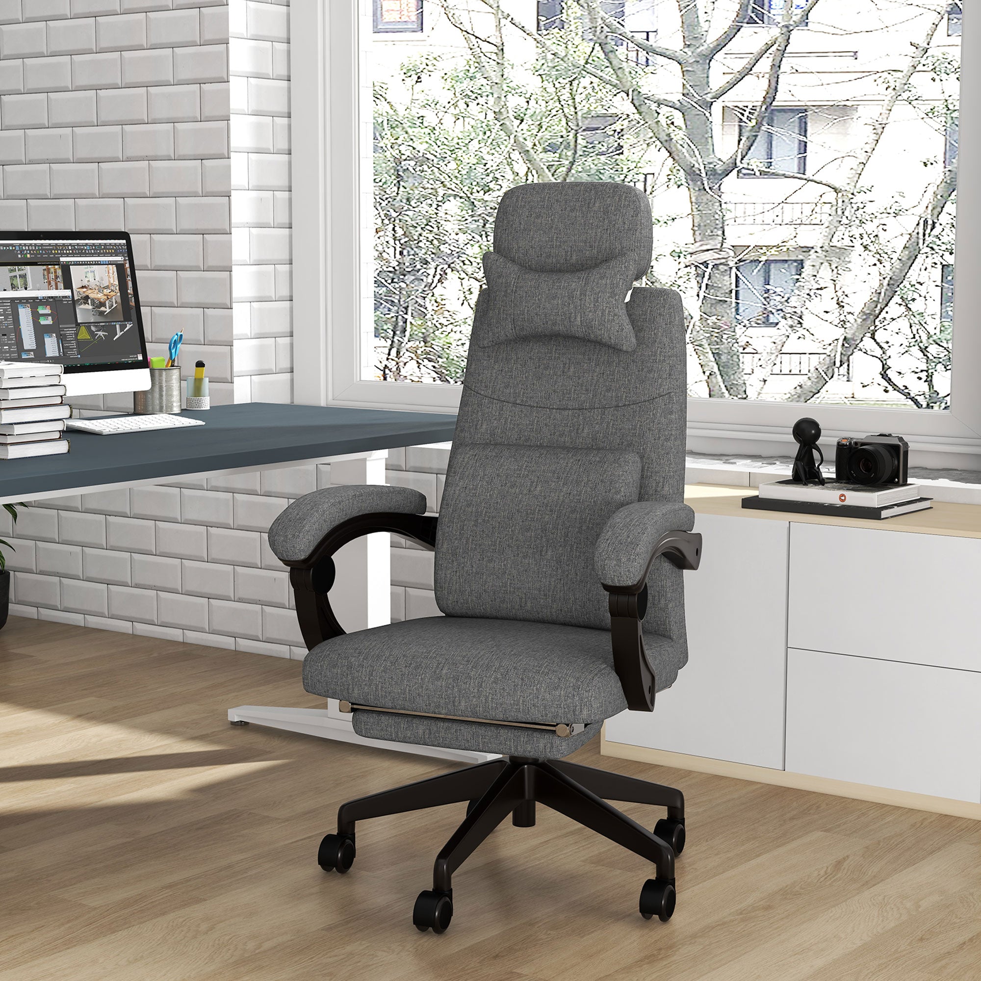 High Back Office Chair Reclining Computer Chair with Footrest Lumbar Support Adjustable Height Swivel Wheels Dark Grey