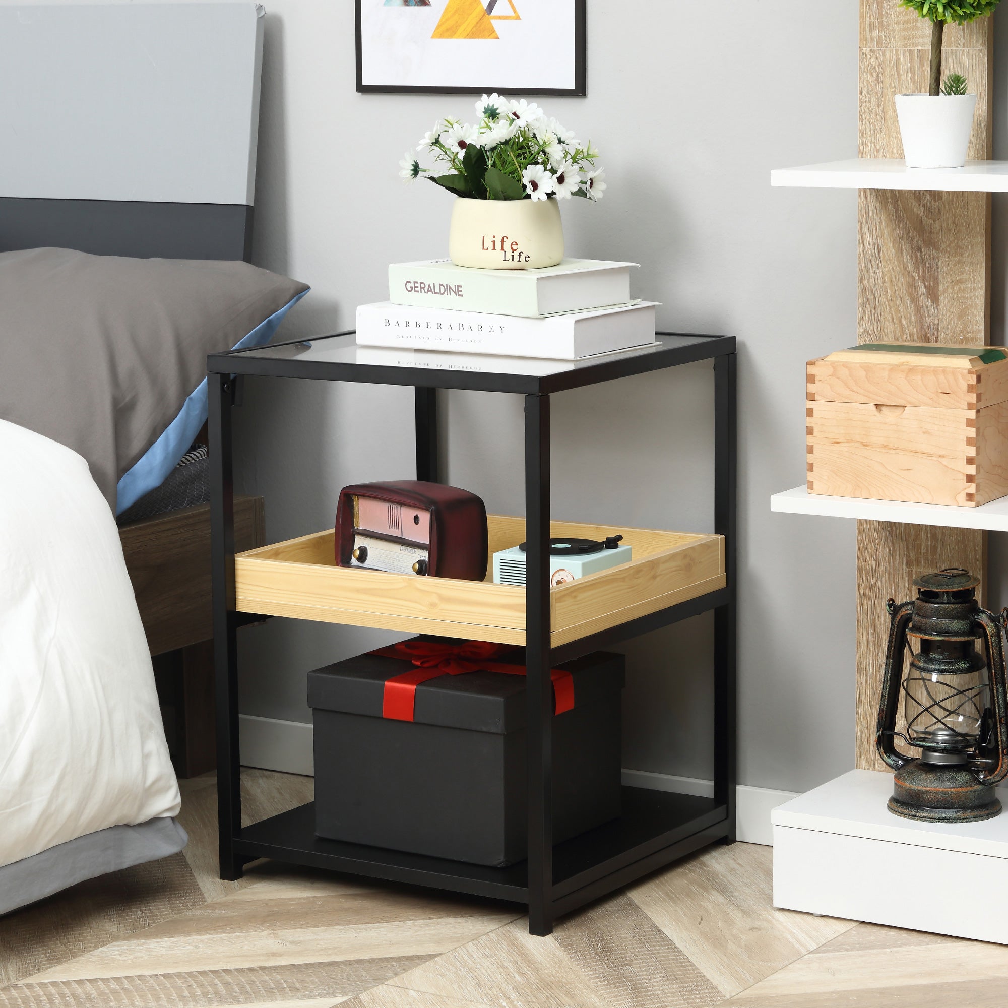 Glass Top Side Table, 3-Tier End Table with Storage Shelves, Nightstand with Steel Frame for Bedroom