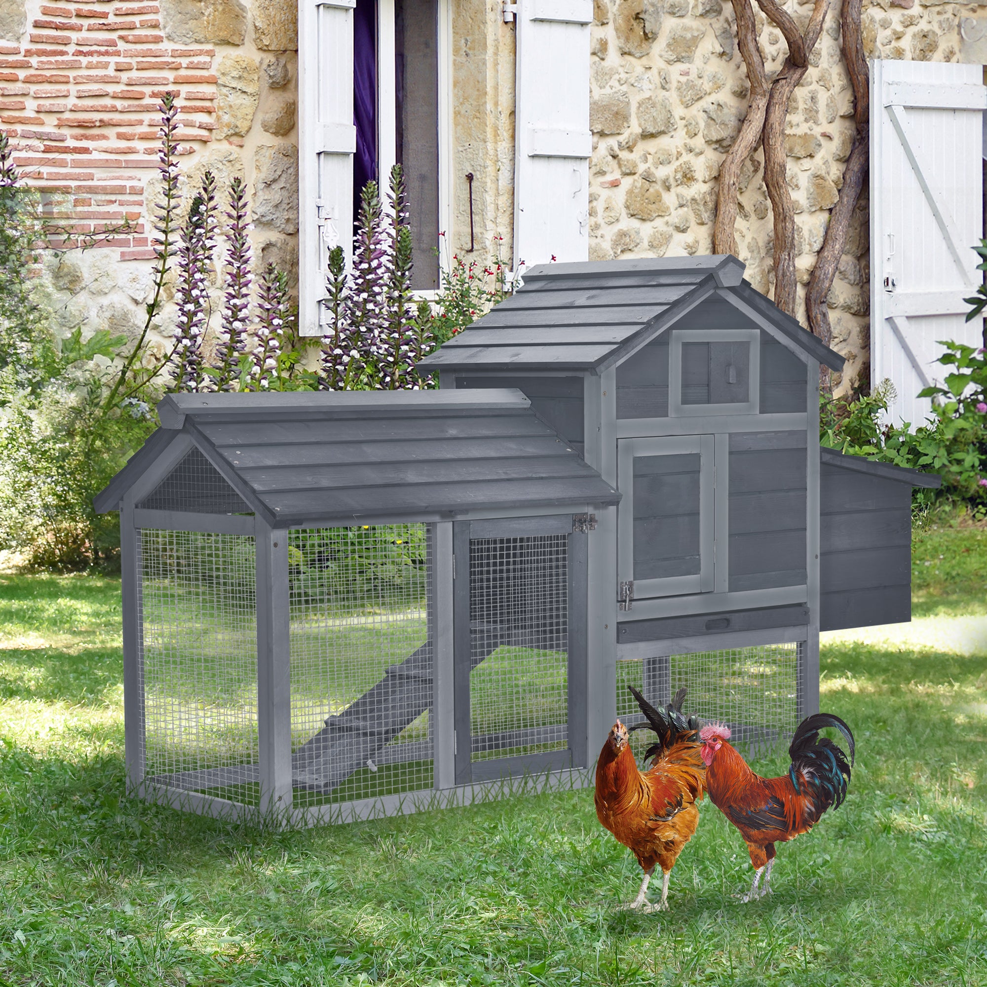 Solid Wood Enclosed Outdoor Backyard Chicken Coop Kit with Nesting Box,Grey