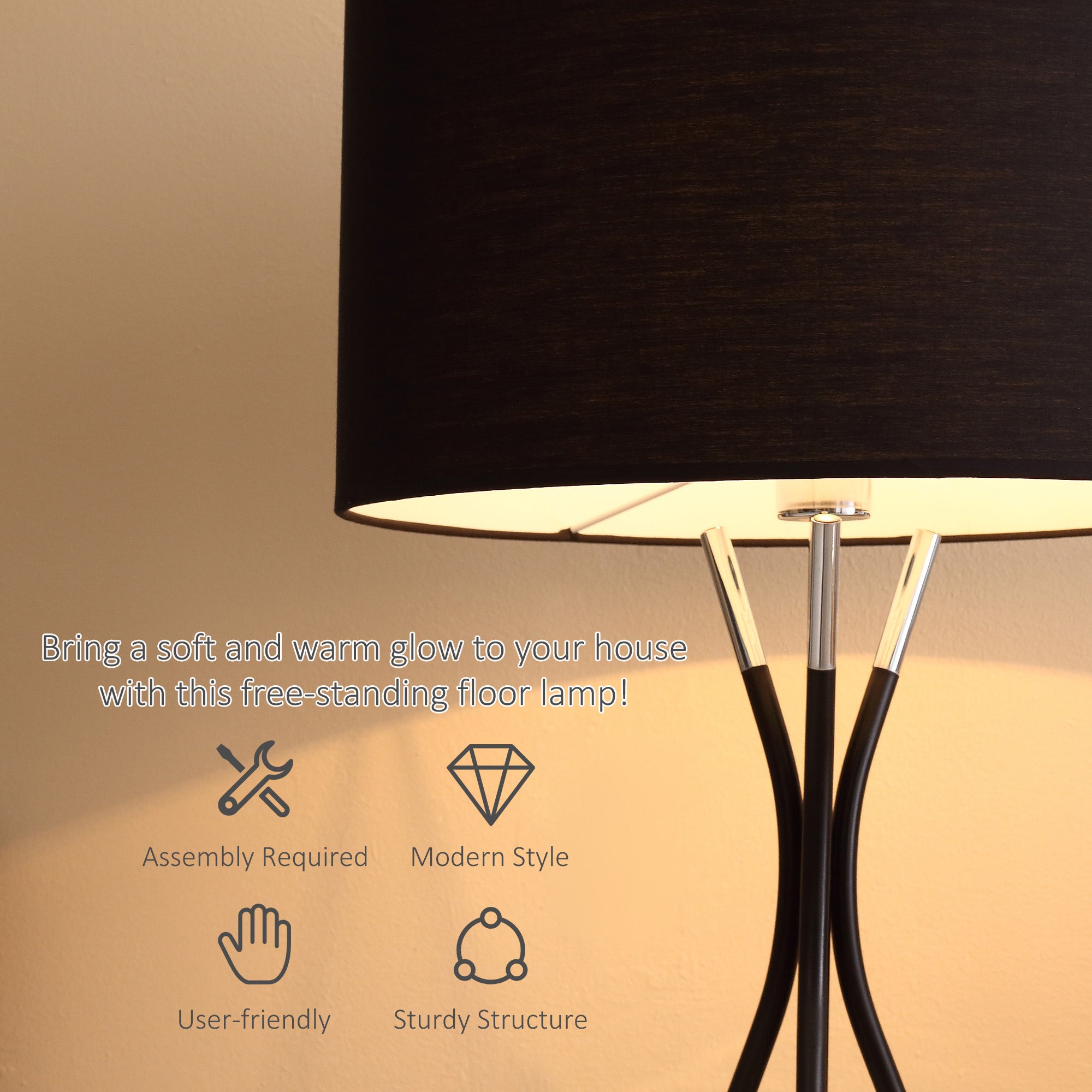 Modern Tripod Floor Lamp, Free Standing Light with Metal Frame, Fabric Lampshade and E27 Base for Living Room, Bedroom, Office, Black