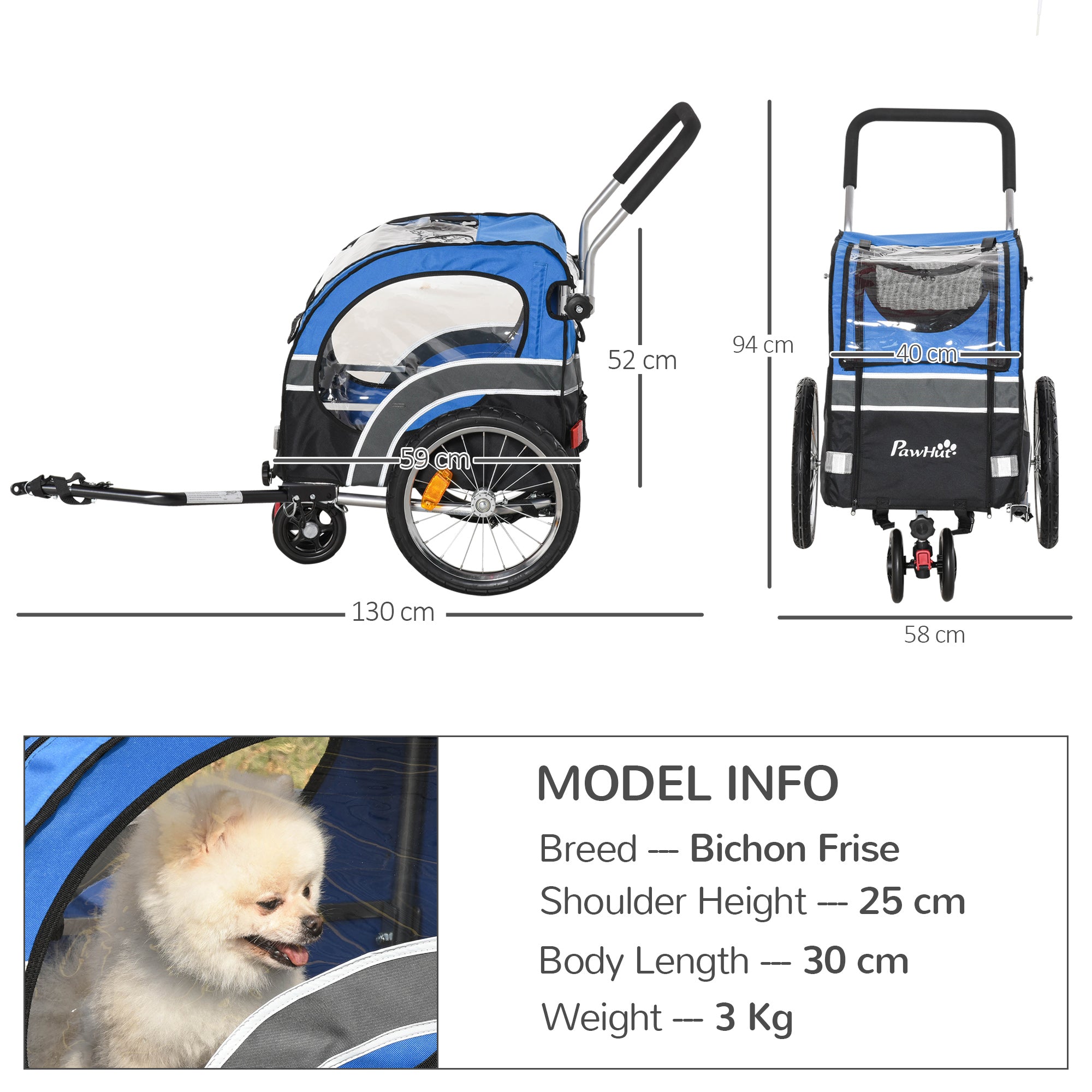 Dog Bike Trailer 2-in-1 Pet Cart Carrier Stroller Pushchair for Bicycle with 360° Rotatable Front Wheel Reflectors Weather Resistant Blue