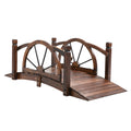 Wooden Garden Decorative Arc Footbridge with Wheel Guardrail Outdoor Pond Bridge - Carbonized