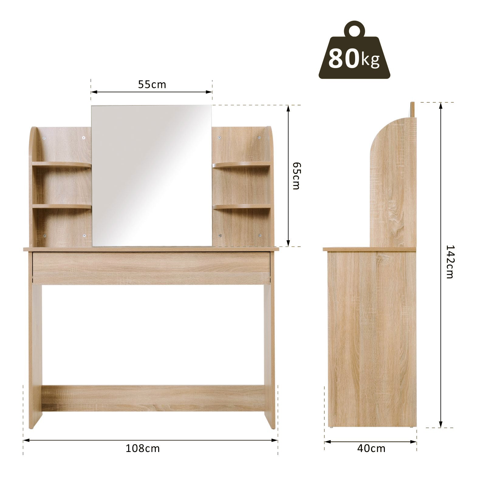 Particle Board Glass Mirror Dressing Table w/ Shelves Oak Tone