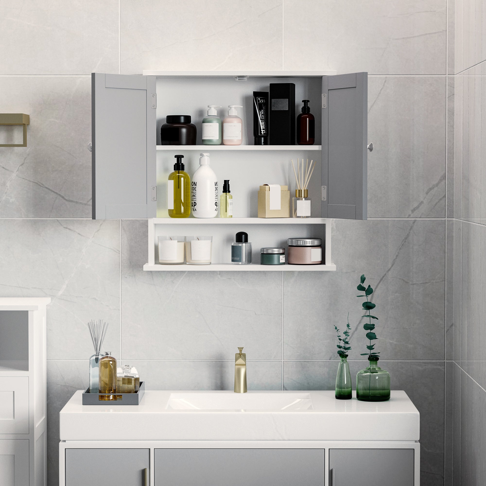 Bathroom Mirror Cabinet, Wall Mounted with Double Mirrored Doors, Organiser Wall Mounted, Cupboard and Shelf, Grey