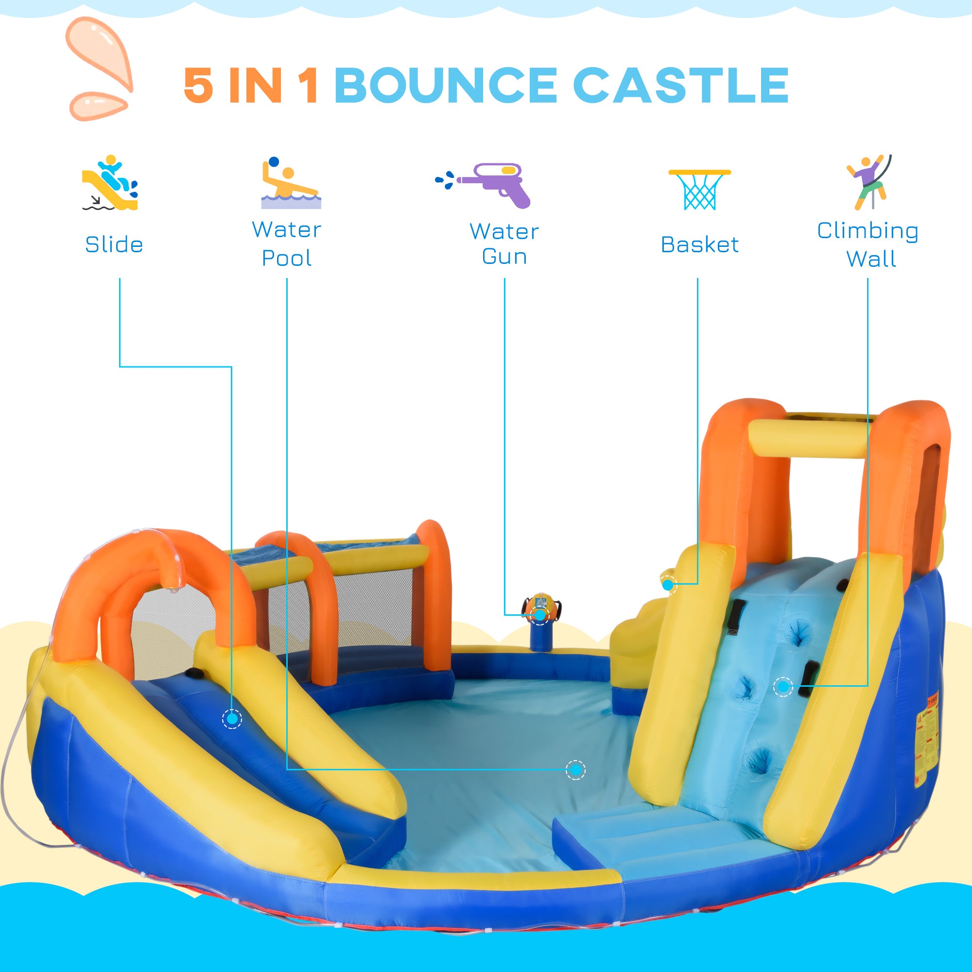 5 in 1 Kids Bouncy Castle Large Inflatable House Slide Water Pool Gun Basket Climbing Wall with 750W Inflator Carry bag 4.35 x 4.35 x 2m