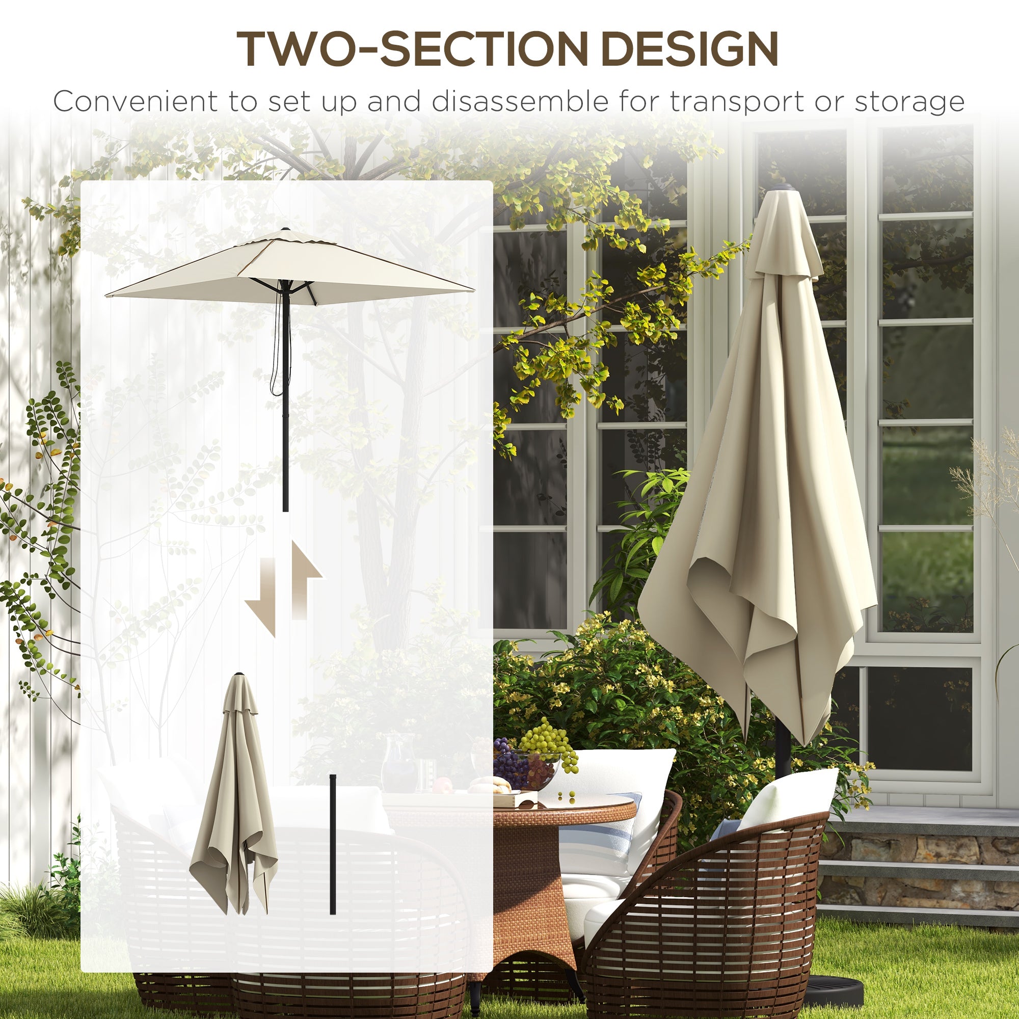 Patio Parasol Umbrella with Vent, Garden Market Table Umbrella Sun Shade Canopy with Piping Side, Beige