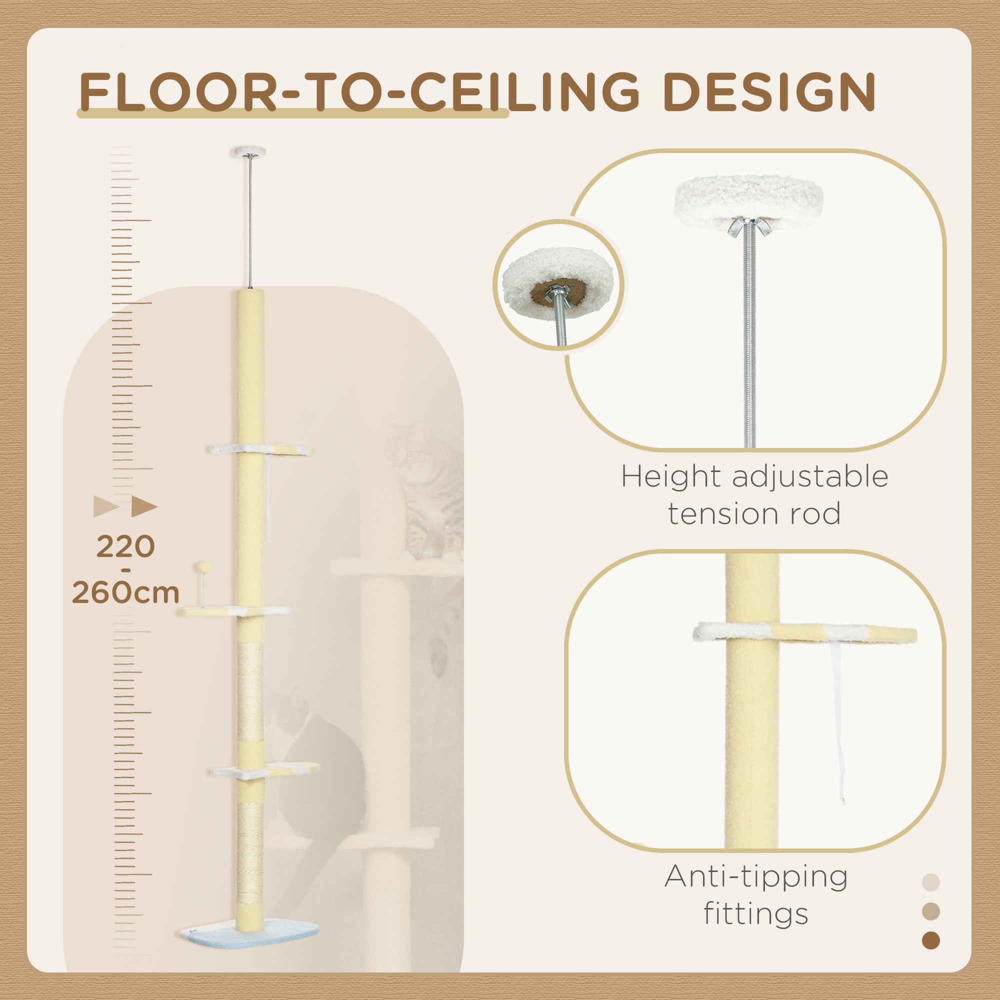 260cm Cat Tower Cat Tree, Floor to Ceiling, Height Adjustable with Anti-slip Kit and Fish-shaped Scratching Post Ball, Yellow