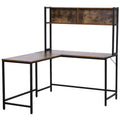 Industrial L-Shaped Work Desk with Storage Shelf Steel Frame Adjustable Feet - Brown Black