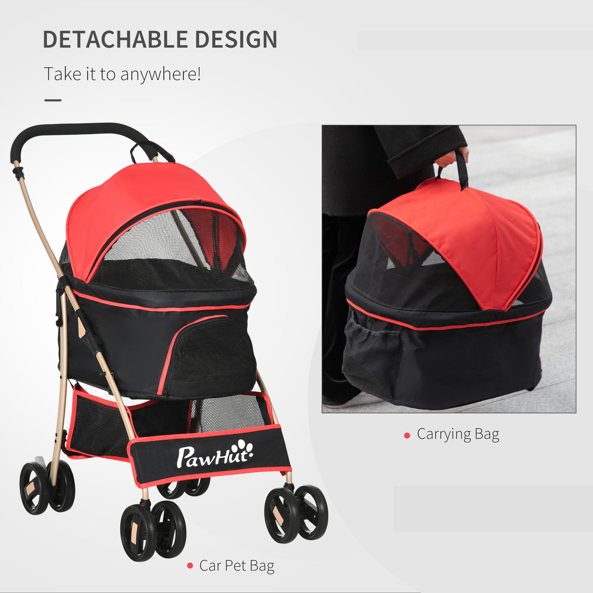 Pet Stroller Detachable 3-In-1 Dog Pushchair Cat Travel Carriage Foldable Bag w/ Universal Wheel, Brake Canopy for XS & S Sized Pets, Red