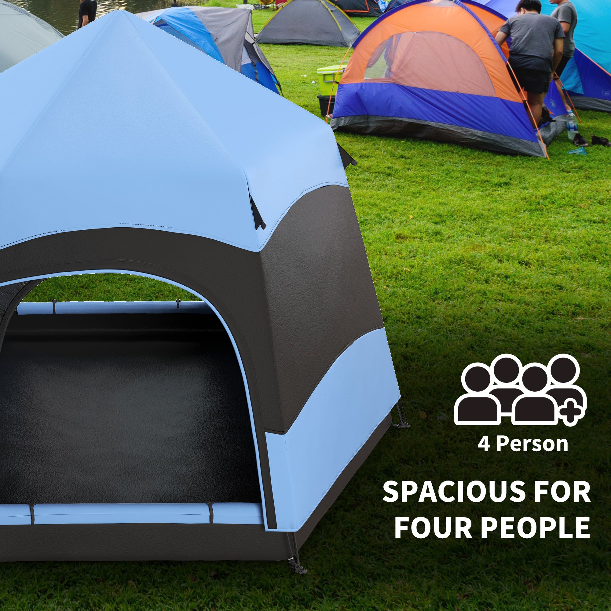 4-Person Double Layer Hexagon Dome Pop Up Camping Tent with Rainfly and Welded Floor - Blue and Black