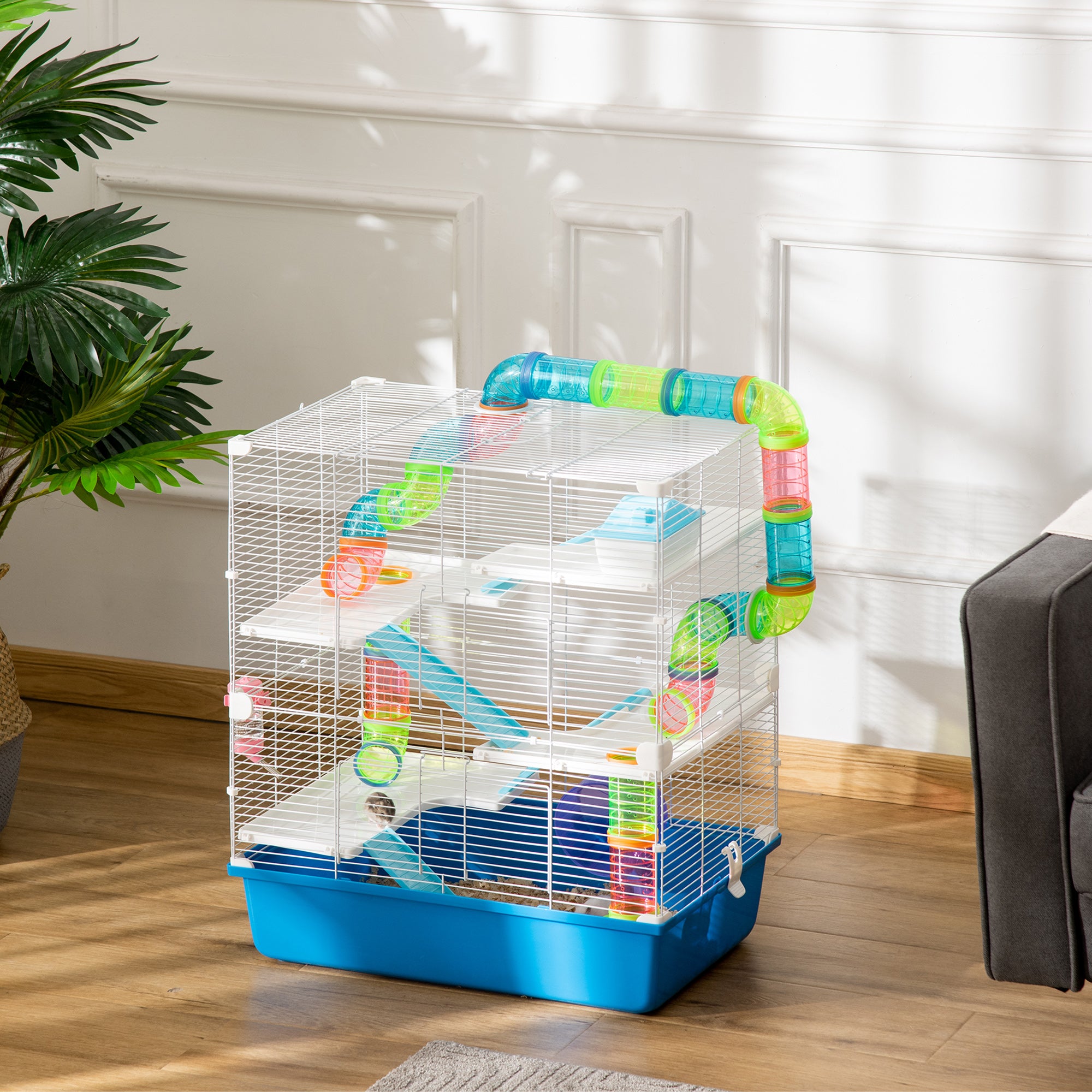 Large 5-Level Hamster Cage with Tunnel Tube, Exercise Wheel & Water Bottle - Blue