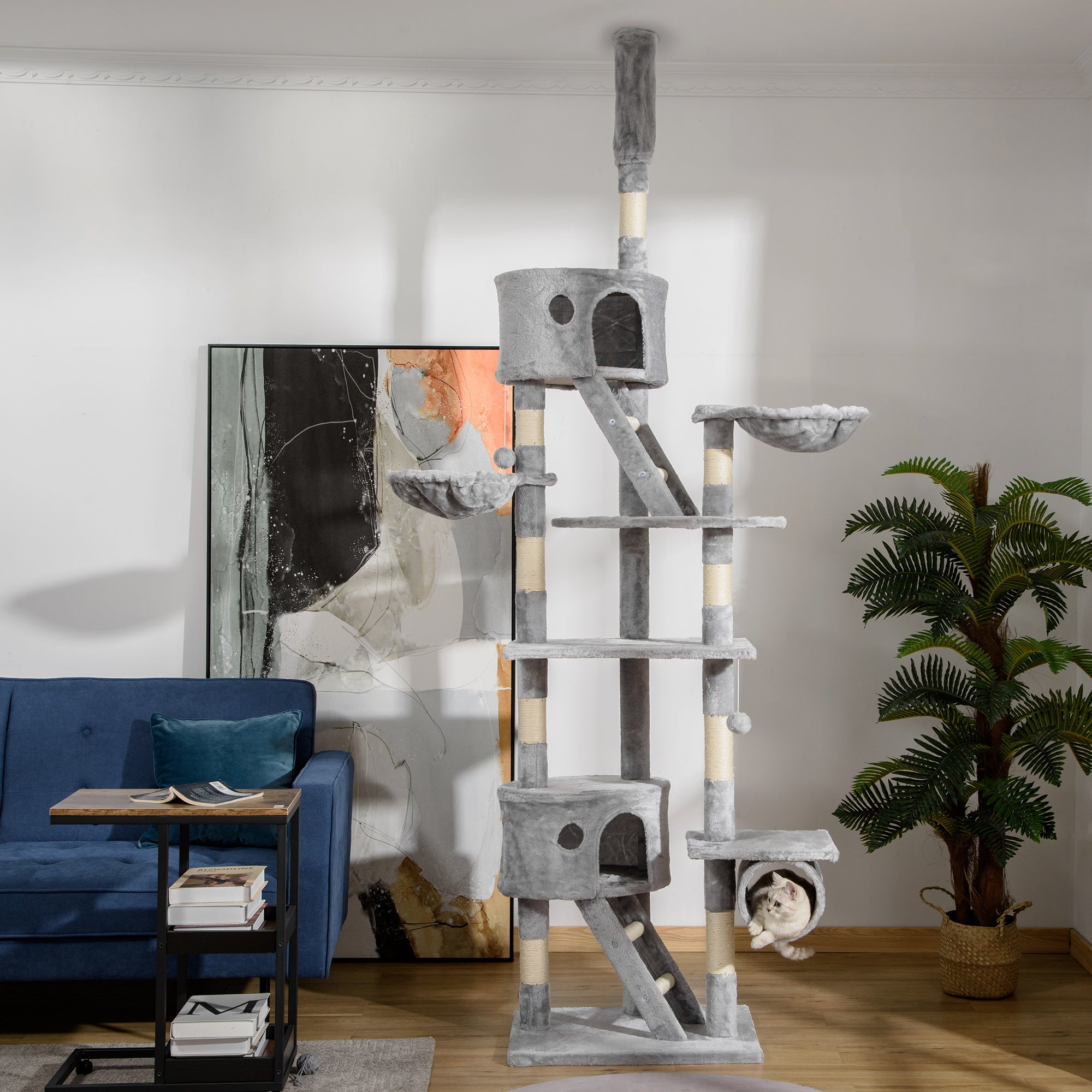 Floor to Ceiling Cat Tree for Indoor Cats 240-260cm Adjustable Height Light Grey