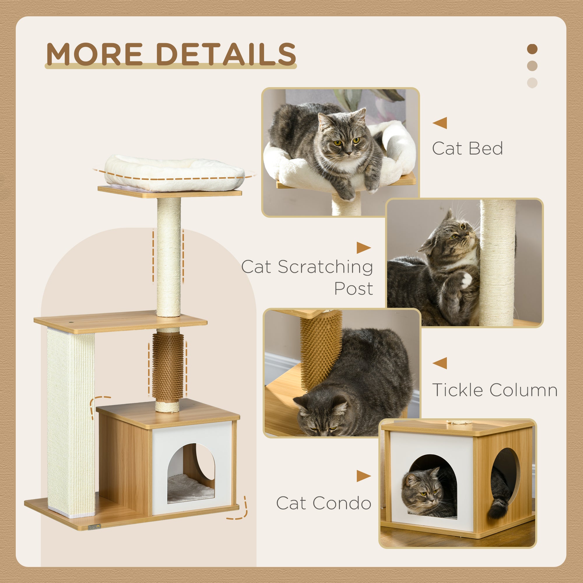 Cat Tree with Scratching Posts, Cat House, Cat Bed, Perches, 59.5 x 39.5 x 114 cm, Oak Tone