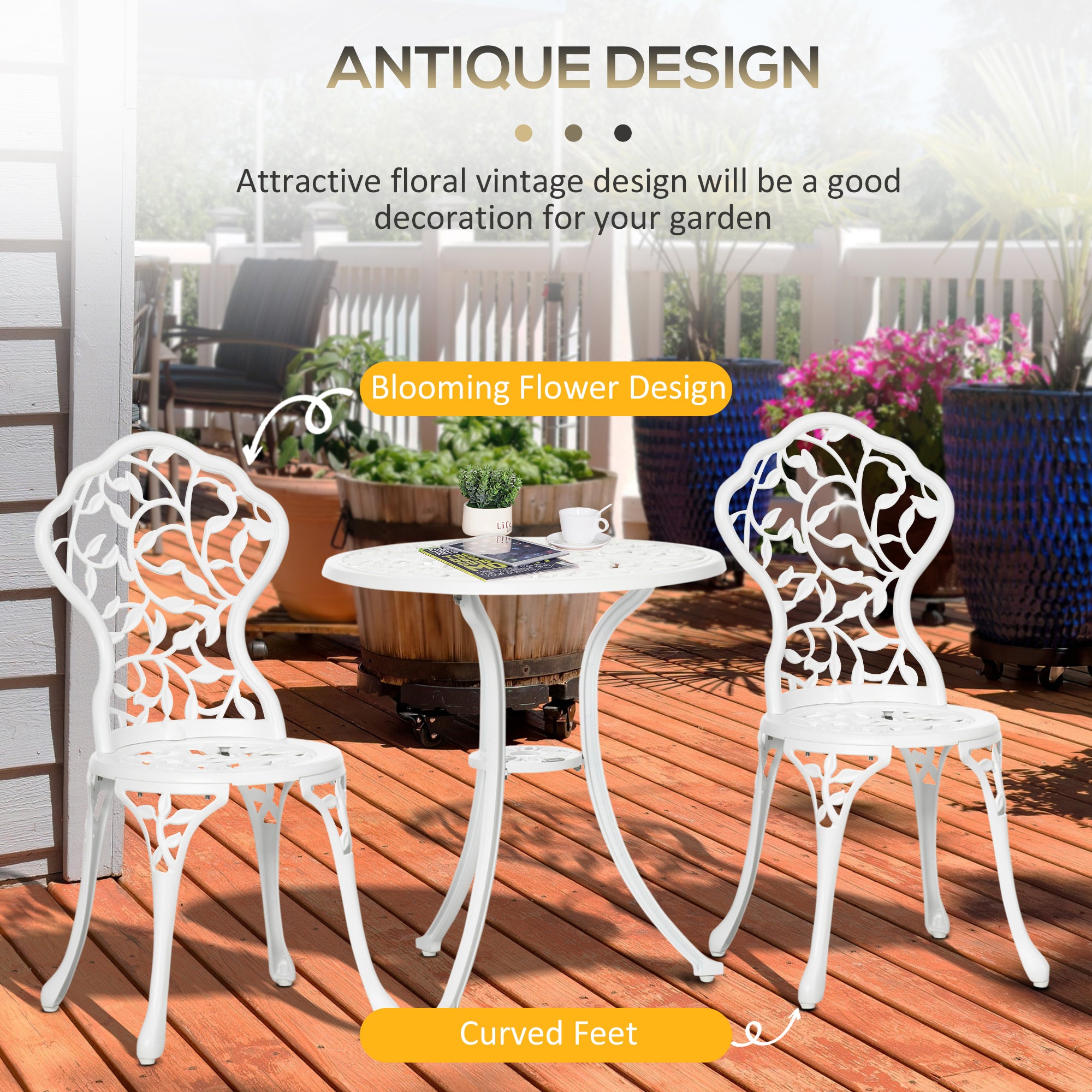 3 Piece Aluminium Bistro Set With Floral Design - Antique White