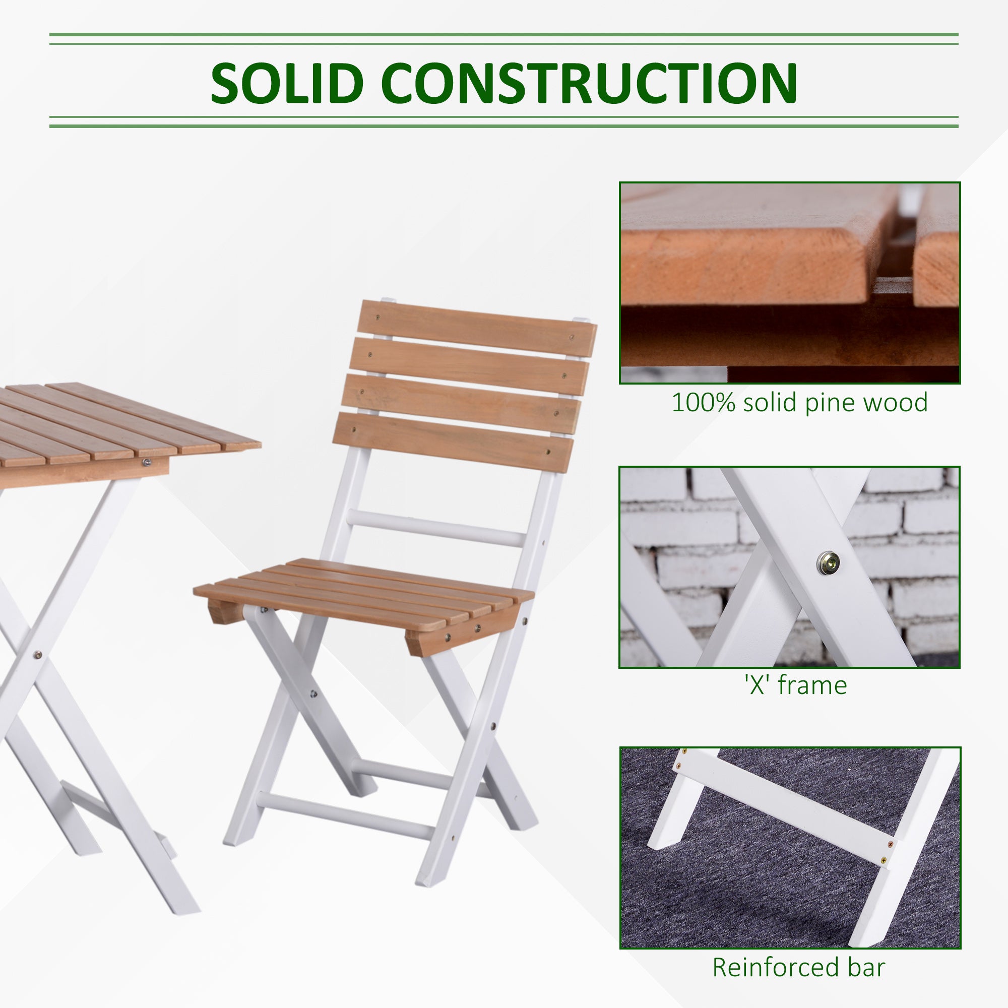 3 Piece Patio Bistro Set, Folding Outdoor Chairs and Table Set, Pine Wood Frame for Poolside Garden, Natural