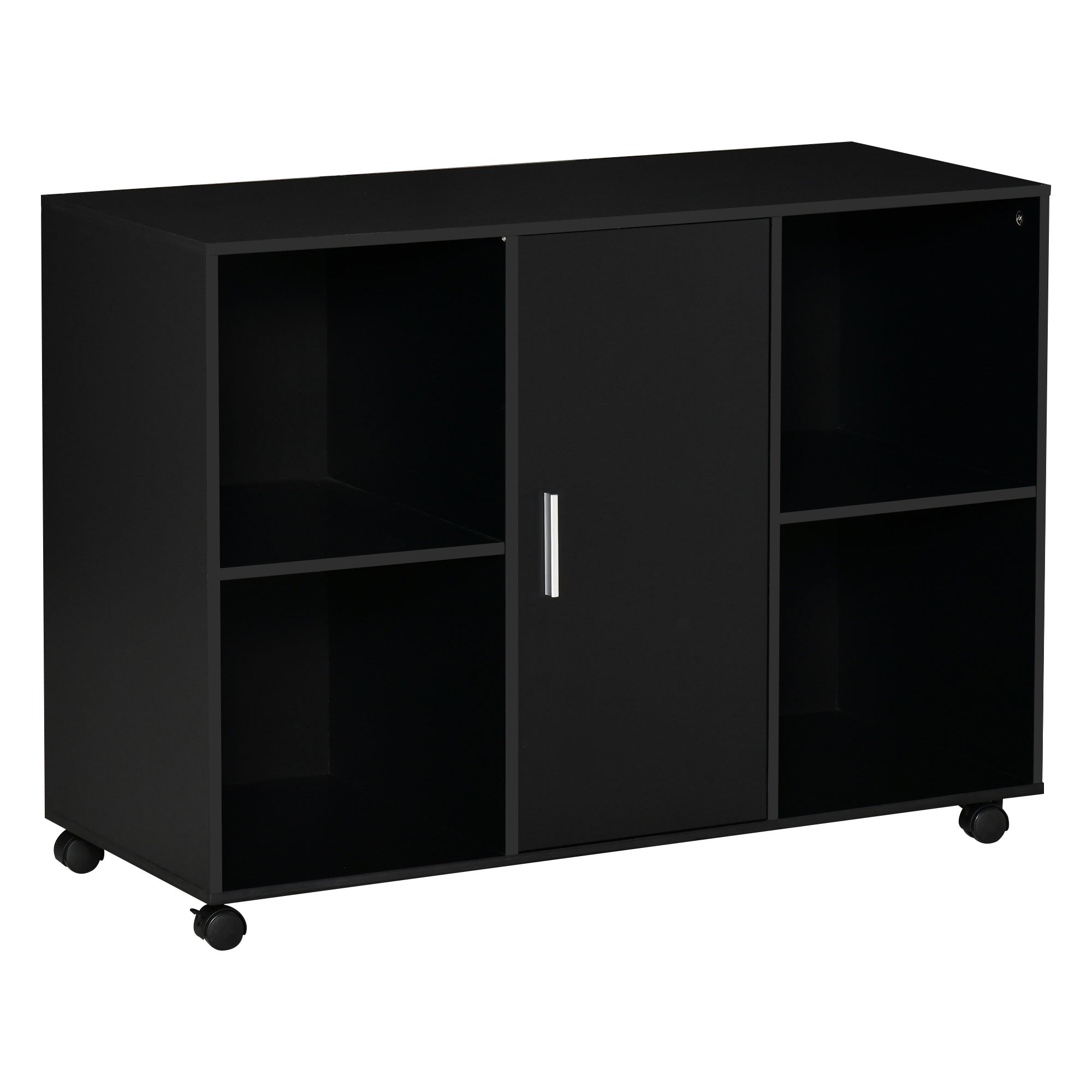 Mobile Office File Cabinet, Lateral Stationery Storage Cabinet, Printer Stand Unit with Wheels, Open Compartment and Cupboard, Black