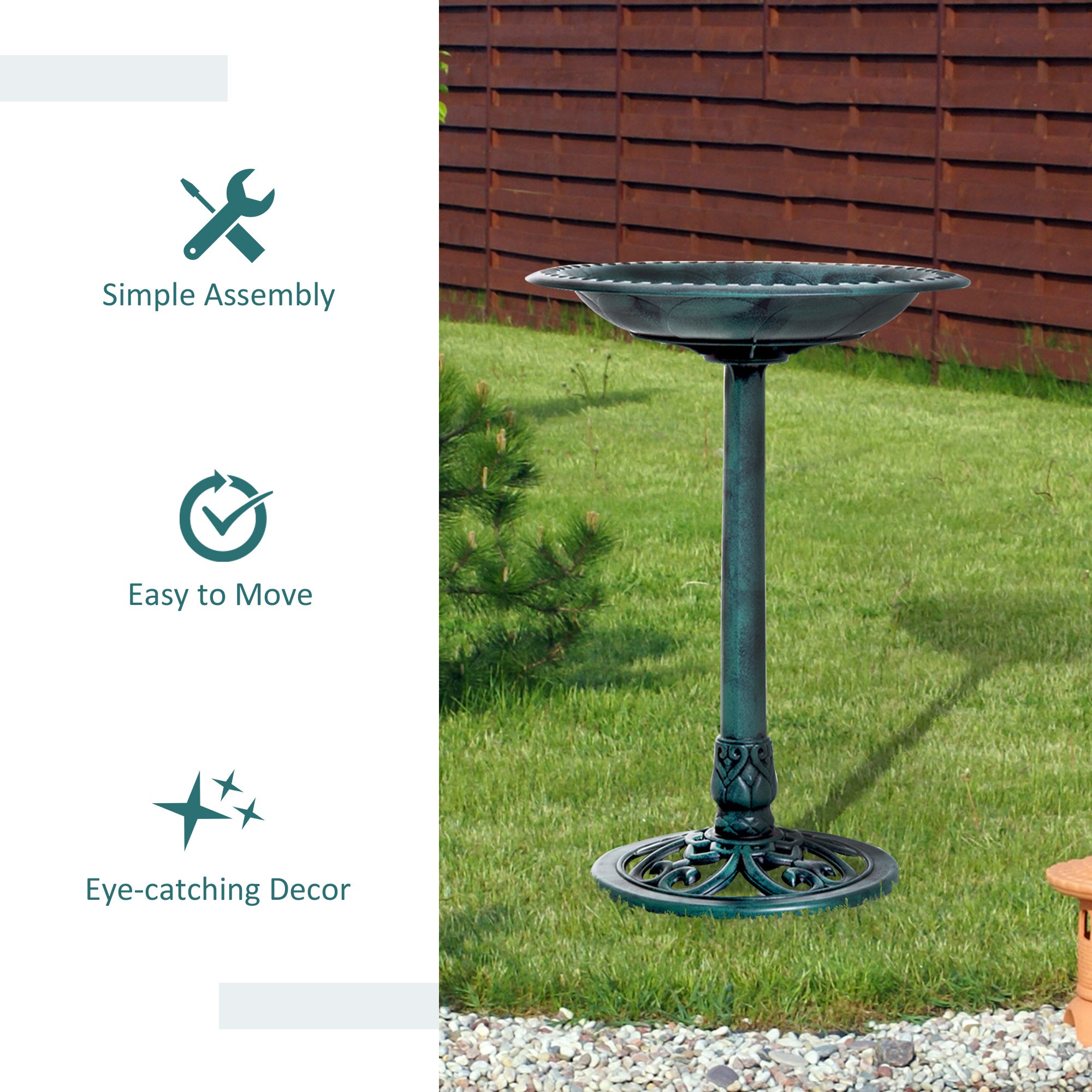Garden Bird Bath Outdoor Decorative Feeder Stand with Scallop Pattern 50cm - Green