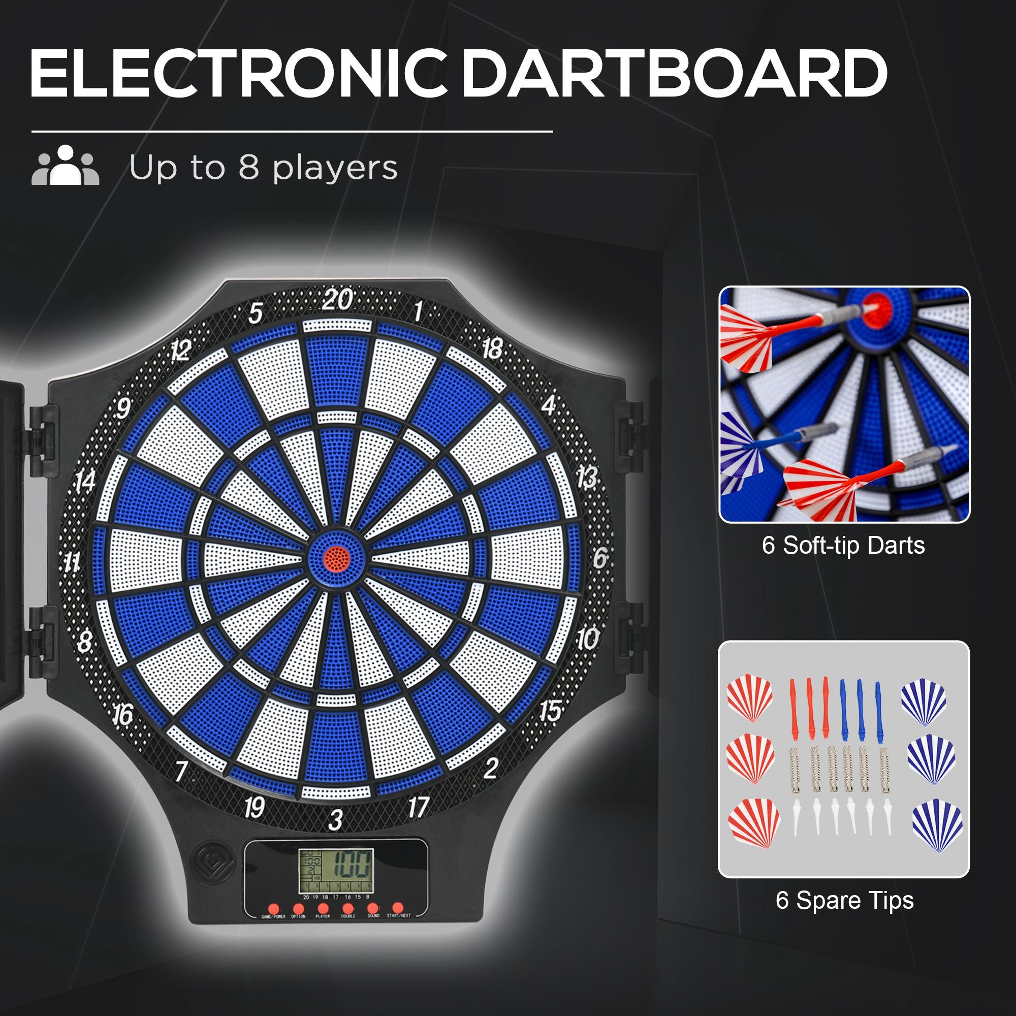 Electronic Dartboard Set with 31 Games for 8 Players, Dart Board Set w/Cabinet, 6 Soft Tip Darts, 6 Spare Tips, LCD Scoring Indicator