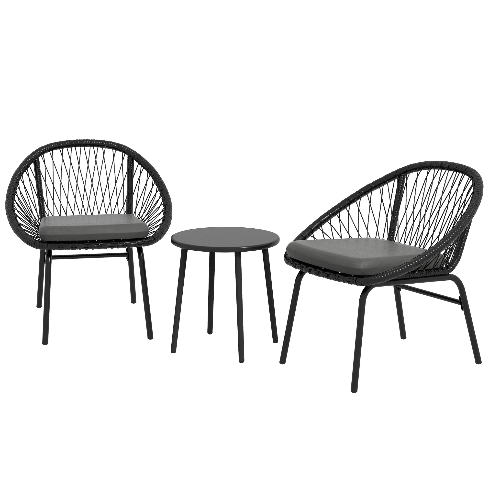 3 Piece Garden Furniture Set with Cushions, Round PE Rattan Bistro Set w/ 2 Armchairs & Metal Plate Coffee Table