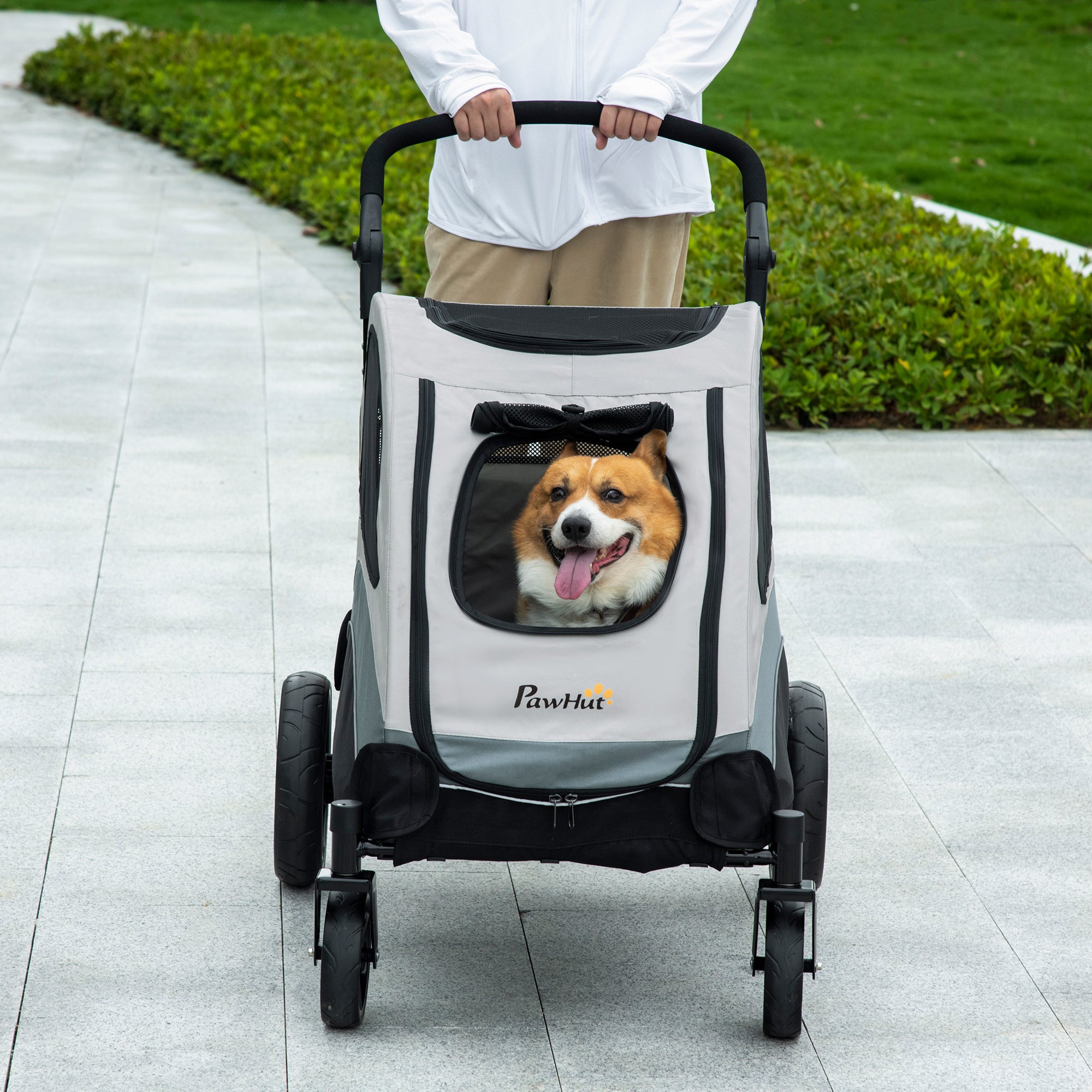 Pet Stroller for Medium Dogs Cat Pushchair Buggy Pram with 4 Wheels Safety Leash Zipper Doors Mesh Windows Storage Bag, Grey