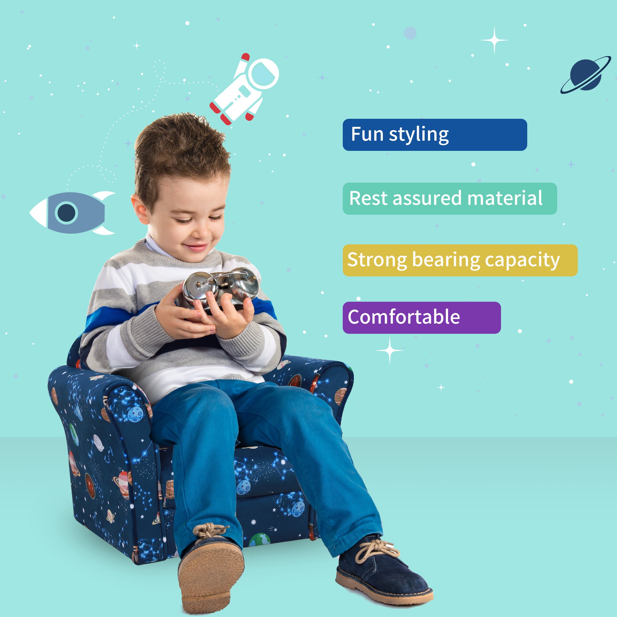 Kids Planet-Themed Armchair, with Non-Slip Feet, Wooden Frame - Blue