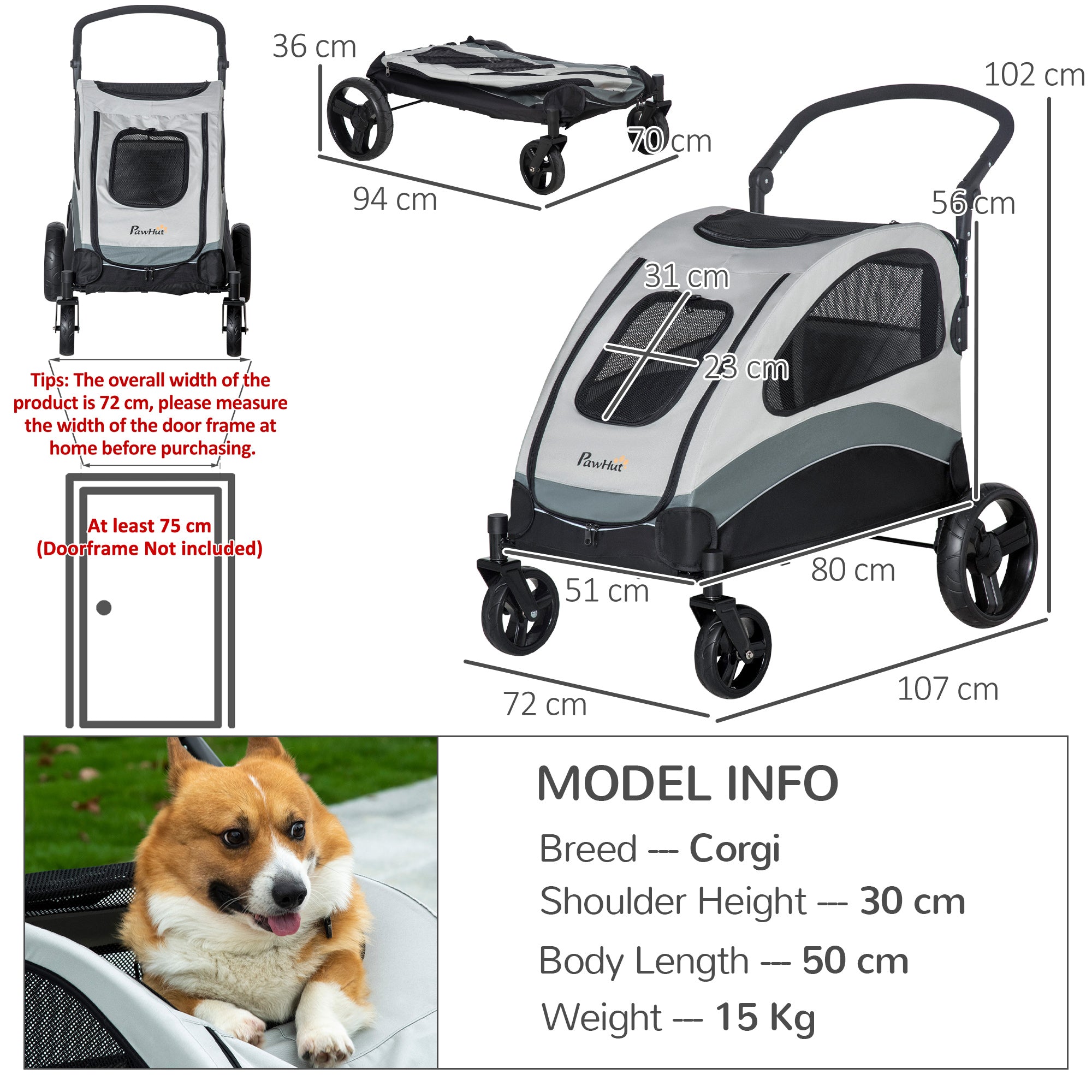 Pet Stroller for Medium Dogs Cat Pushchair Buggy Pram with 4 Wheels Safety Leash Zipper Doors Mesh Windows Storage Bag, Grey