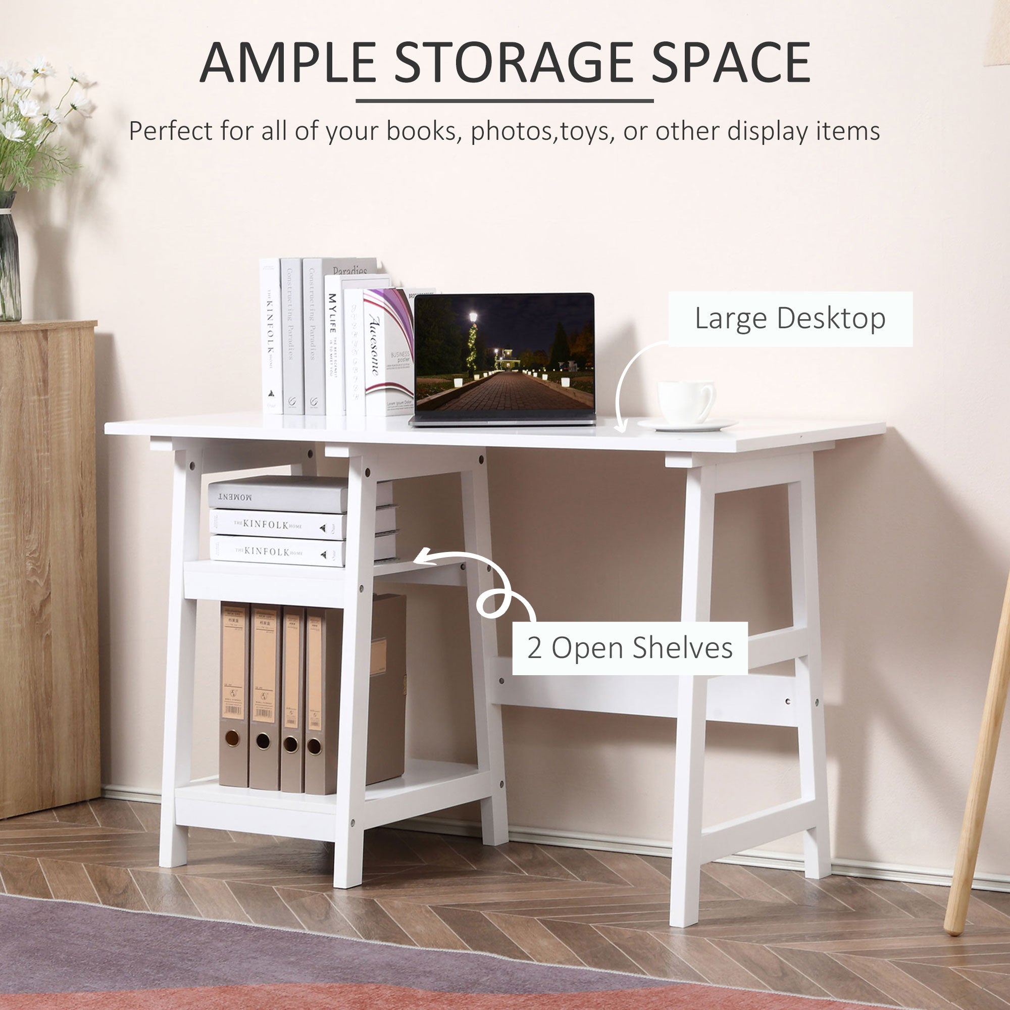 Compact Computer Desk with Storage Shelves Study Table with Bookshelf PC Table Workstation for Home Office Study White