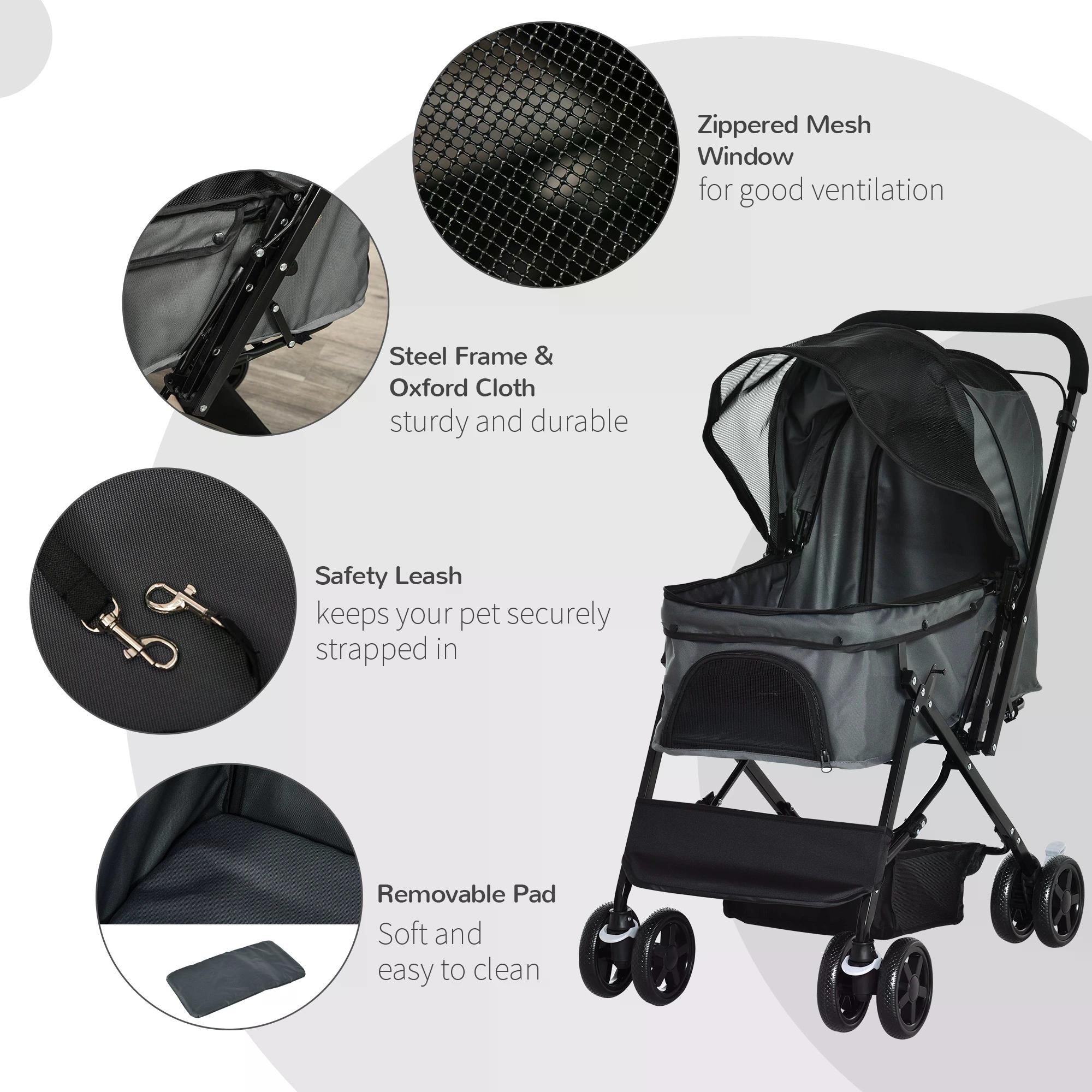 Pet Stroller Dog Pushchair Foldable Jogger with Reversible Handle EVA Wheel Brake Basket Adjustable Canopy Safety Leash Grey