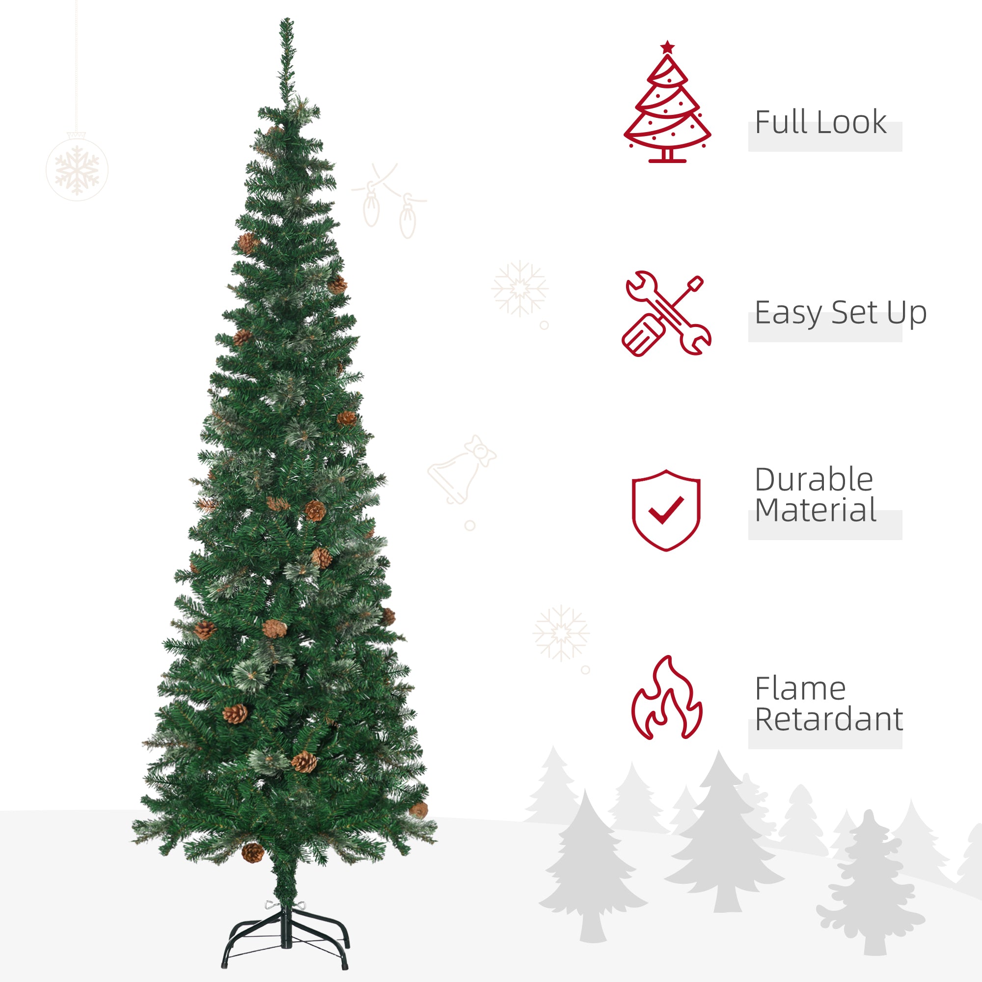 6.5' Tall Slim Christmas Tree Artificial with Realistic Branches, 556 Tip Count and 27 Pine Cones, Xmas