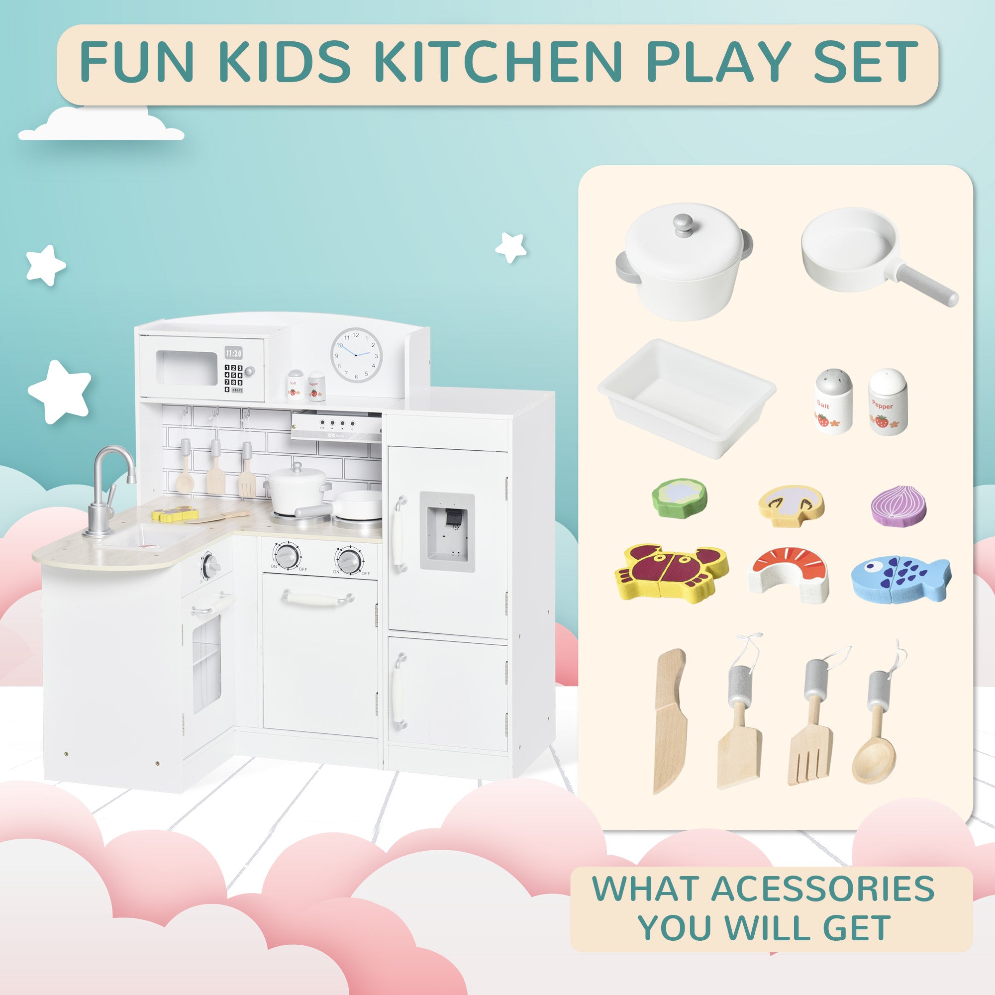 Kids Play Kitchen Wooden Toy Kitchen Cooking Set for Children with Drinking Fountain, Microwave, and Fridge White