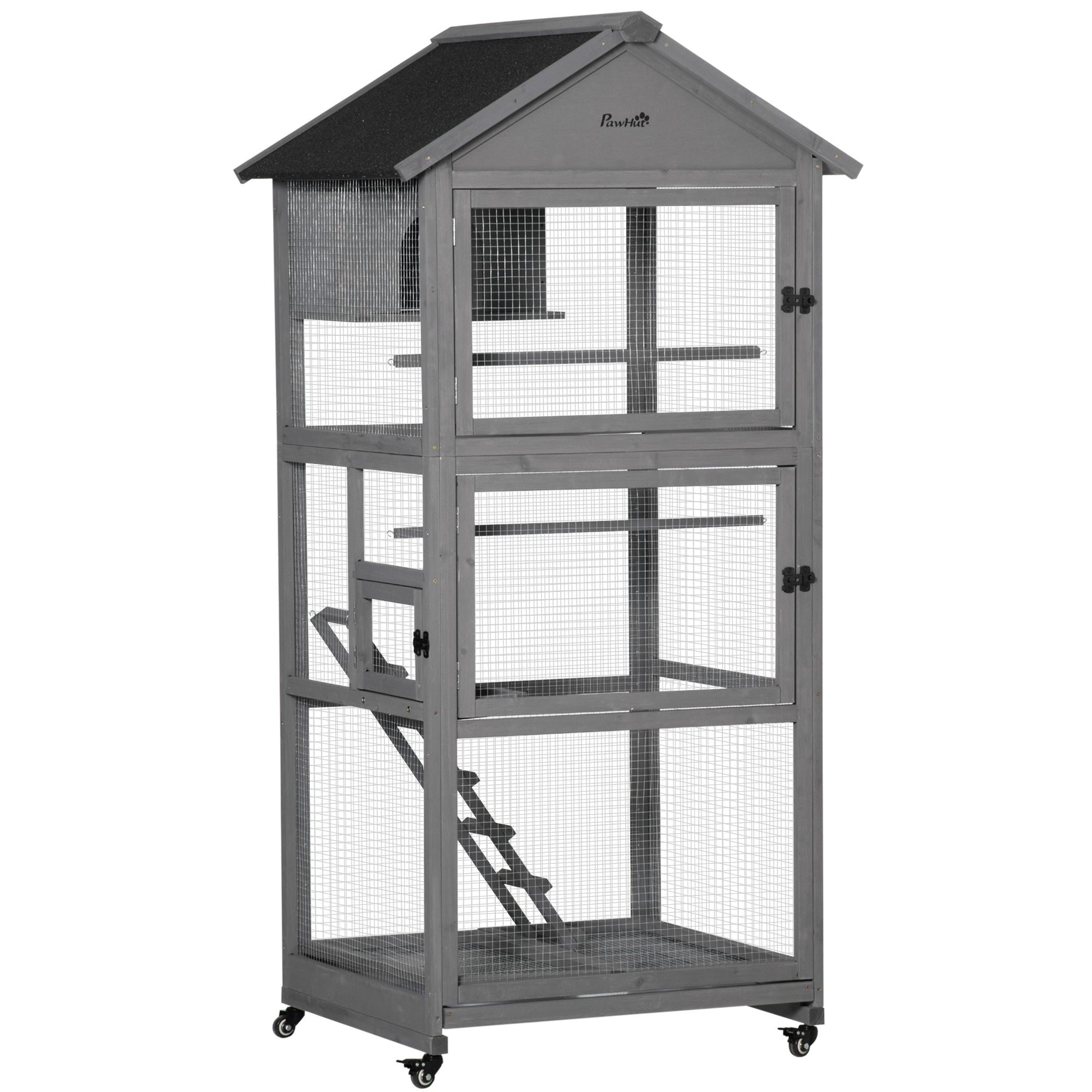 Bird Cage Mobile Wooden Aviary House for Canary Cockatiel Parrot with Wheel Perch Nest Ladder Slide-out Tray 86 x 78 x 180cm Dark Grey