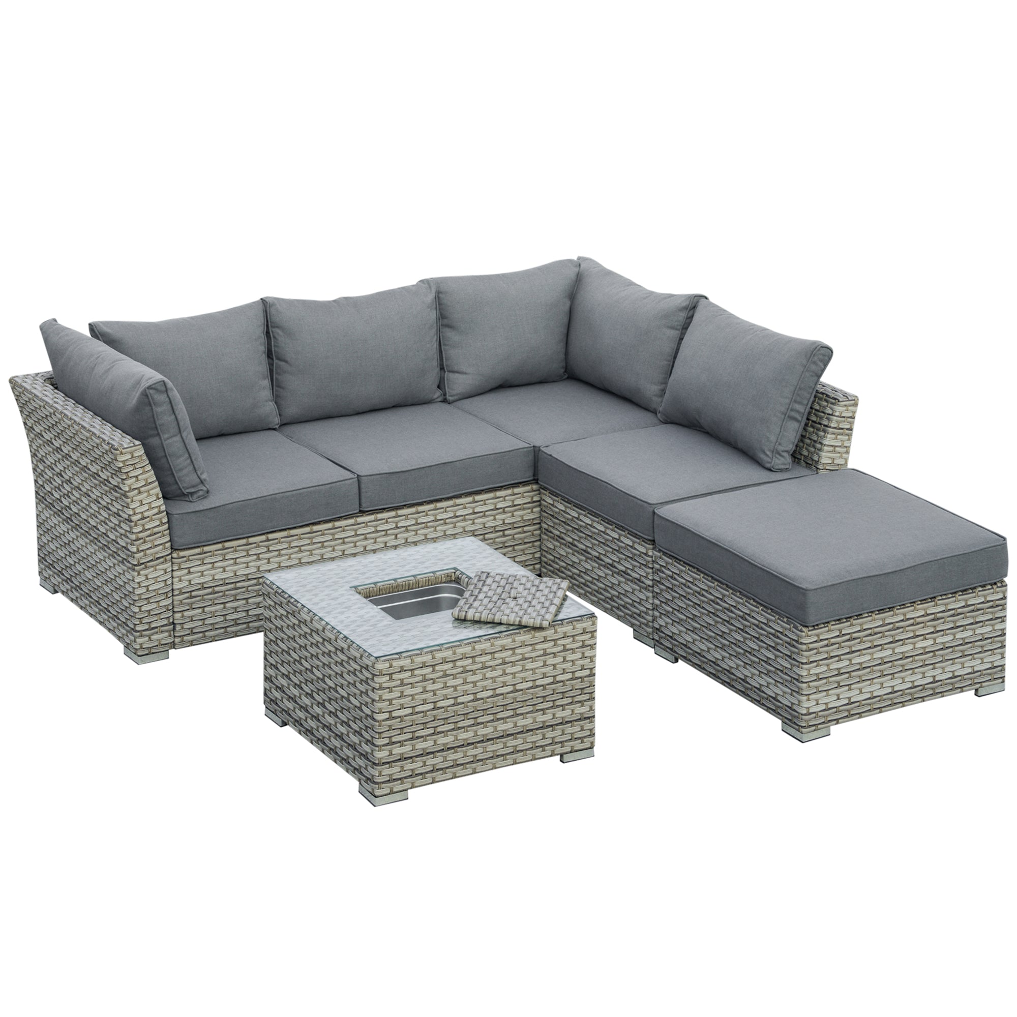 5-Seater PE Rattan Sofa Set Patio Corner Sofa Wicker Sectional Conversation Aluminum Frame Furniture Set w/ Padded Cushion, Light Grey